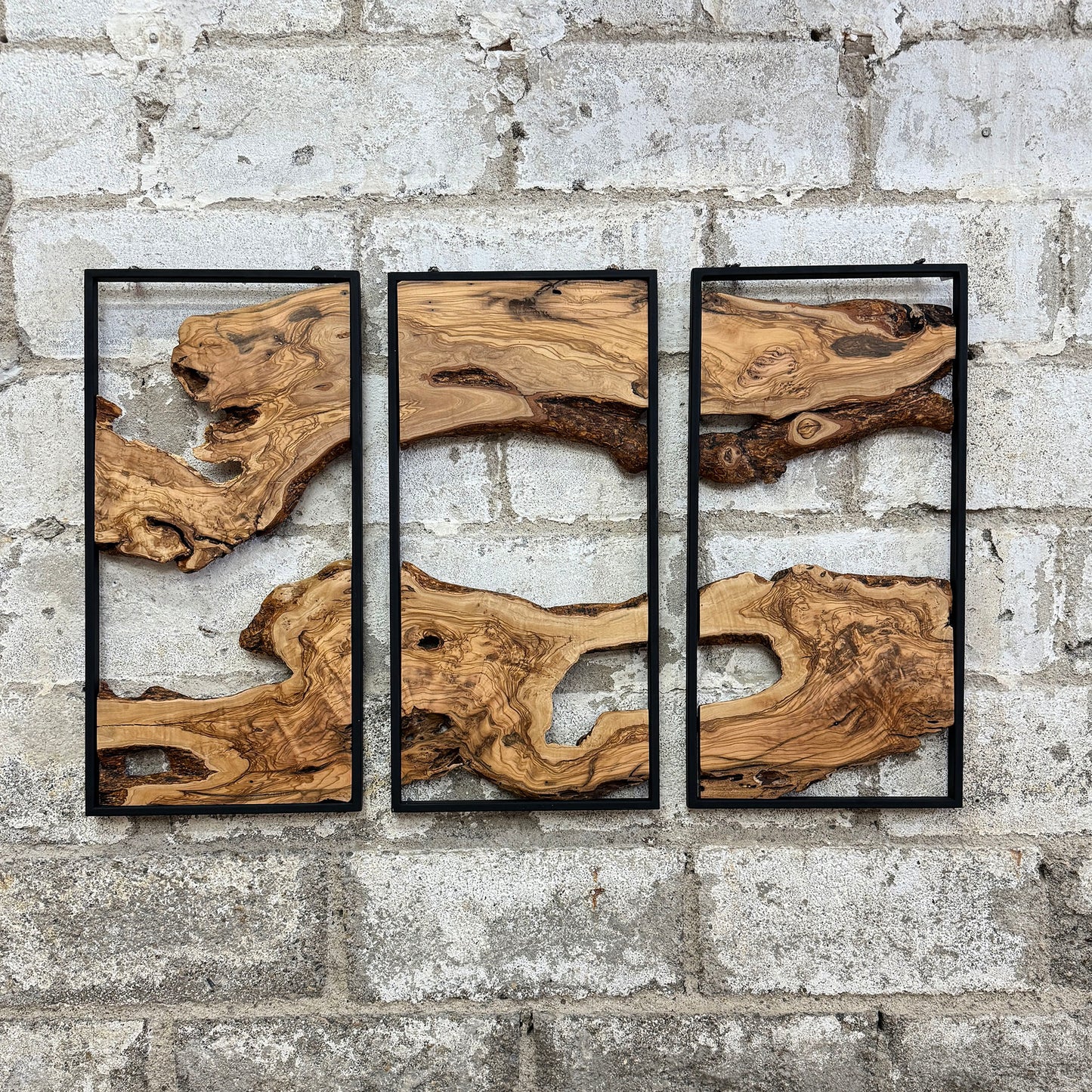 Unique Olive Wood Wall Decor Set - 3 Piece Wall Art With Metal Frame - Live Edge Wooden Wall Decor - 3-Piece Set (Each (11.8" x 23.6" )
