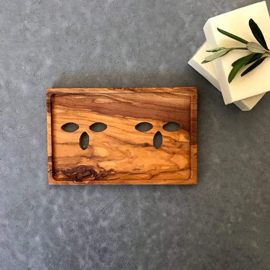 Olive Wood Soap Dish, Wooden Soap Holder with Leaf Shaped Holes