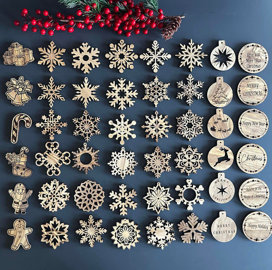 Olive Wood Christmas Ornaments, Wooden Engraved Ornaments Set, Olive Wood Christmas Favors