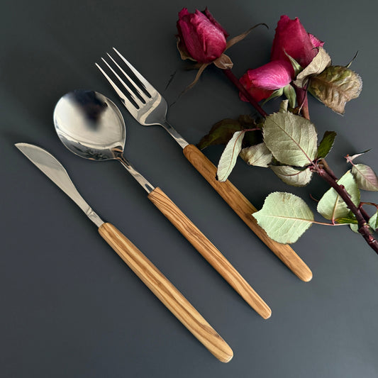 Handcrafted Olive Wood Handle Cutlery – 3-Piece & 7-Piece Stainless Steel Set