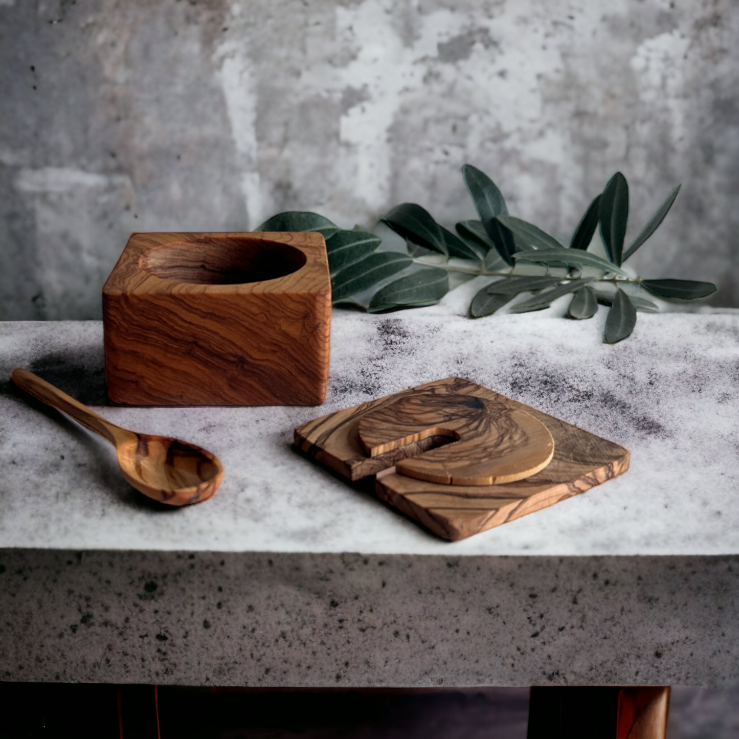 Zeytin Ağacı Baharat Rafı, Mutfağınız İçin Fonksiyonel Kutu Seti, Kaşıklı Tuz Karabiber Baharat Kapları