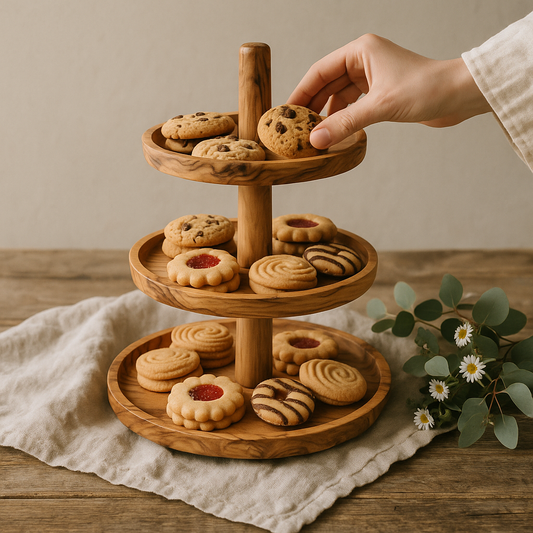 Handmade 3-Tier Olive Wood Serving Stand | Modular Dessert Tower, Cupcake & Snack Display | Natural Olive Wood Tray | Removable Shelves | Rustic Home & Wedding Decor