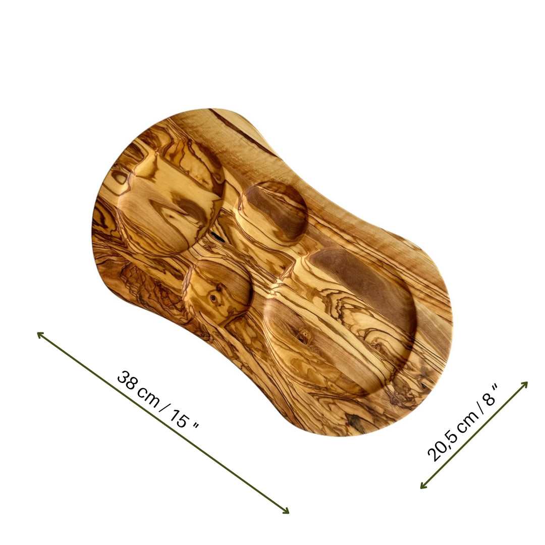Natural Wood Serving Plate with Compartments, Olive Wood Divided Dish