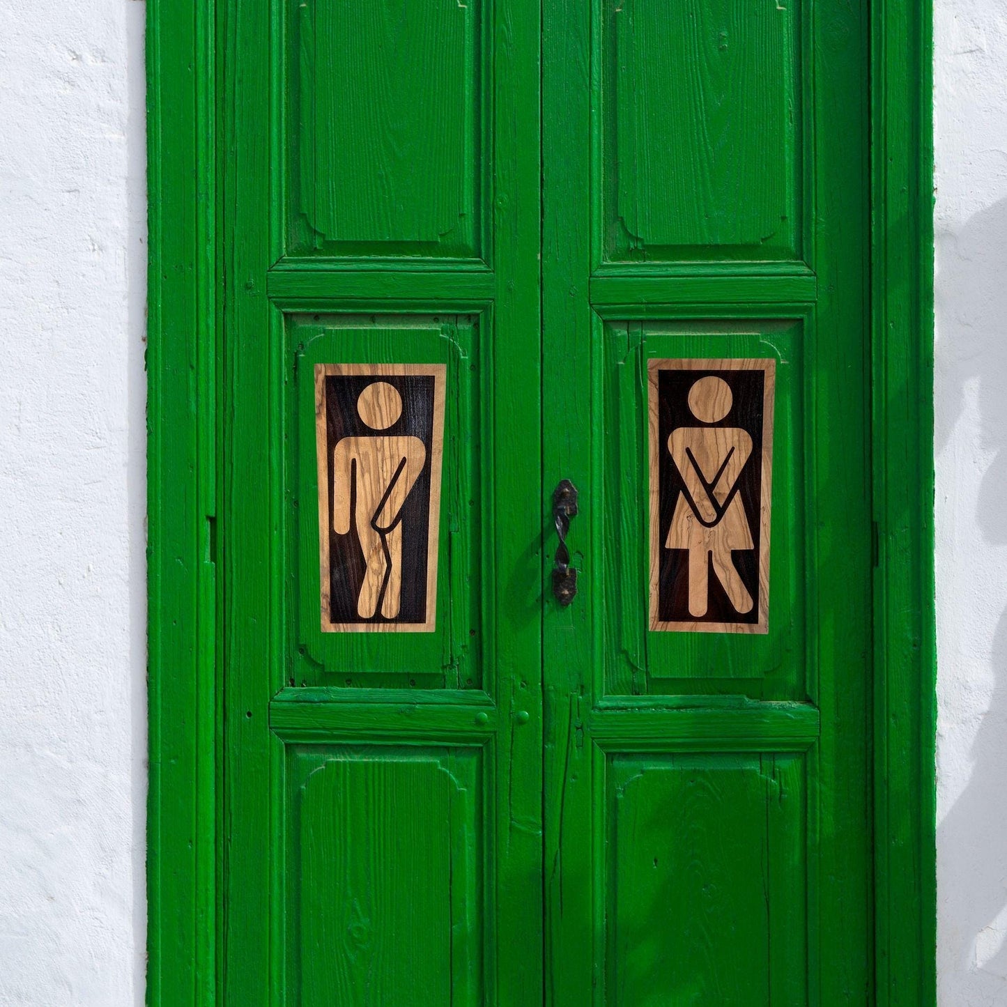 Olive Wood Restroom Sign | Bathroom WC Door Sign | Wooden Toilet Sign | Male Female Bathroom Figurines | Unique Toilet Door Plate