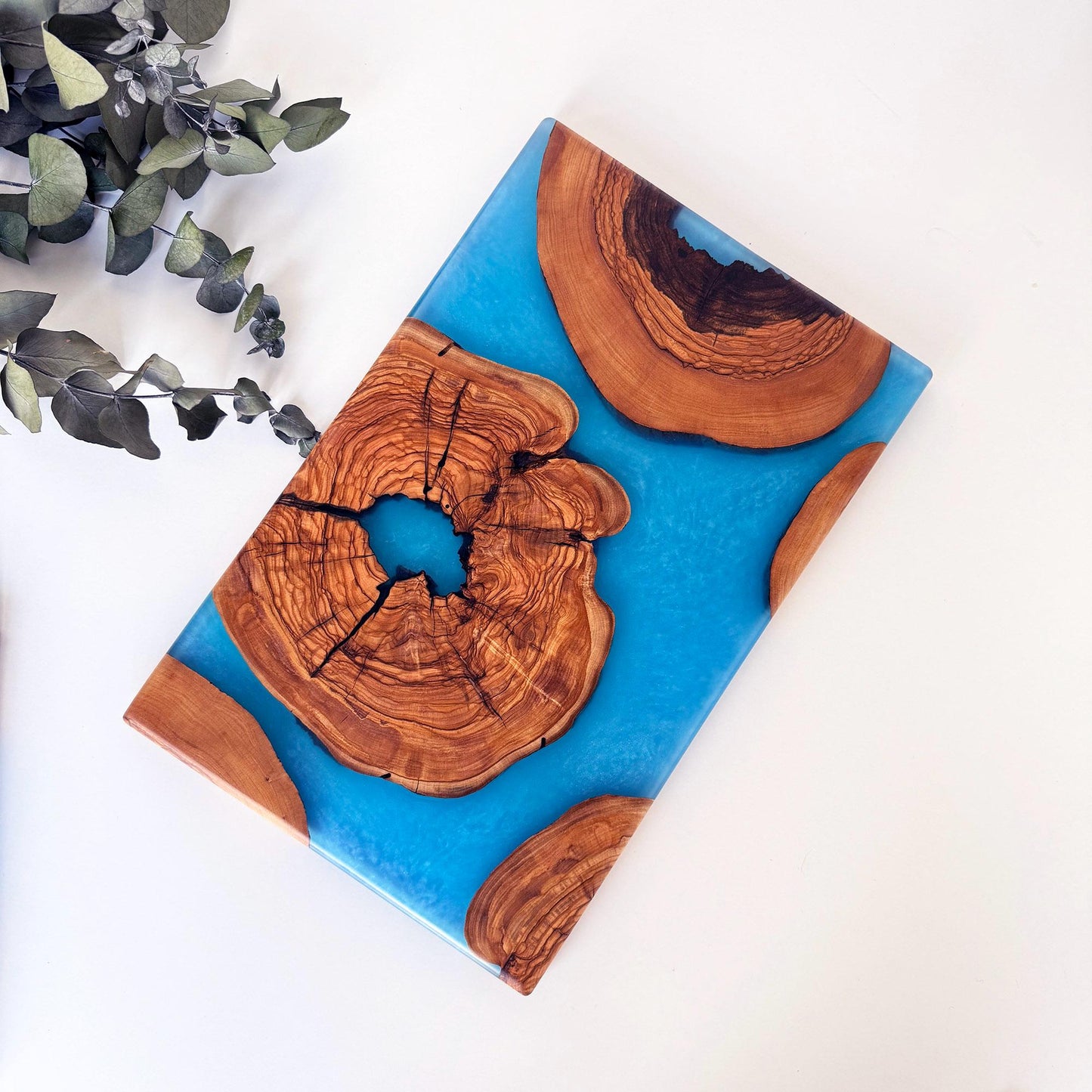 Olive Wood & Epoxy Serving Board - Unique Handcrafted Design - Blue Charcuterie Board - Handmade Decorative Board