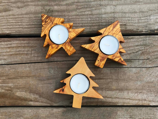 Olive Wood Tealight Holders Set, Olive Wood Tealight Holder