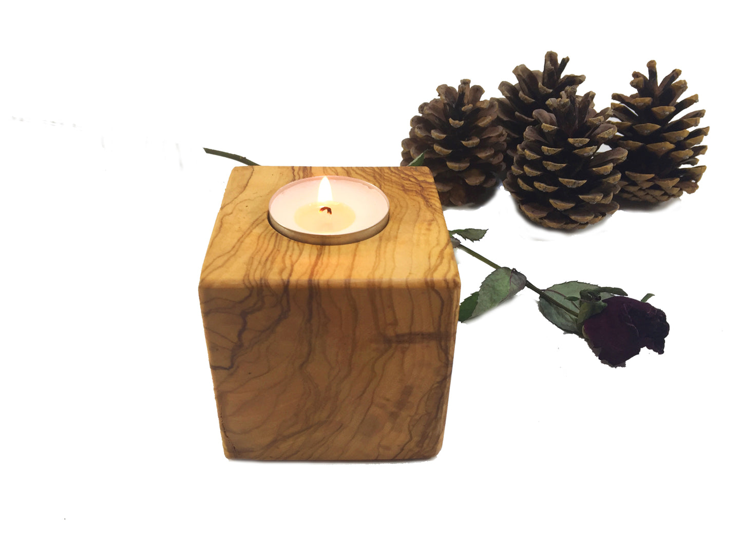 Wooden Cubic Candle Holders, Elegant Olive Wood Tealight Holders, Single - Double - Triple