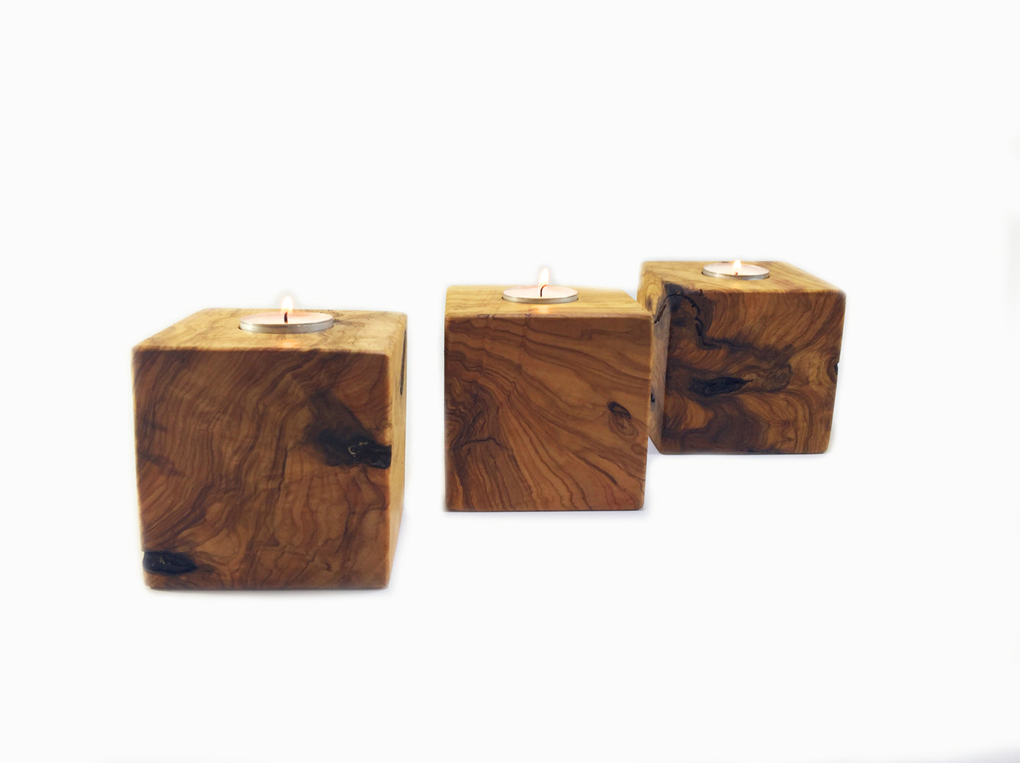 Wooden Cubic Candle Holders, Elegant Olive Wood Tealight Holders, Single - Double - Triple