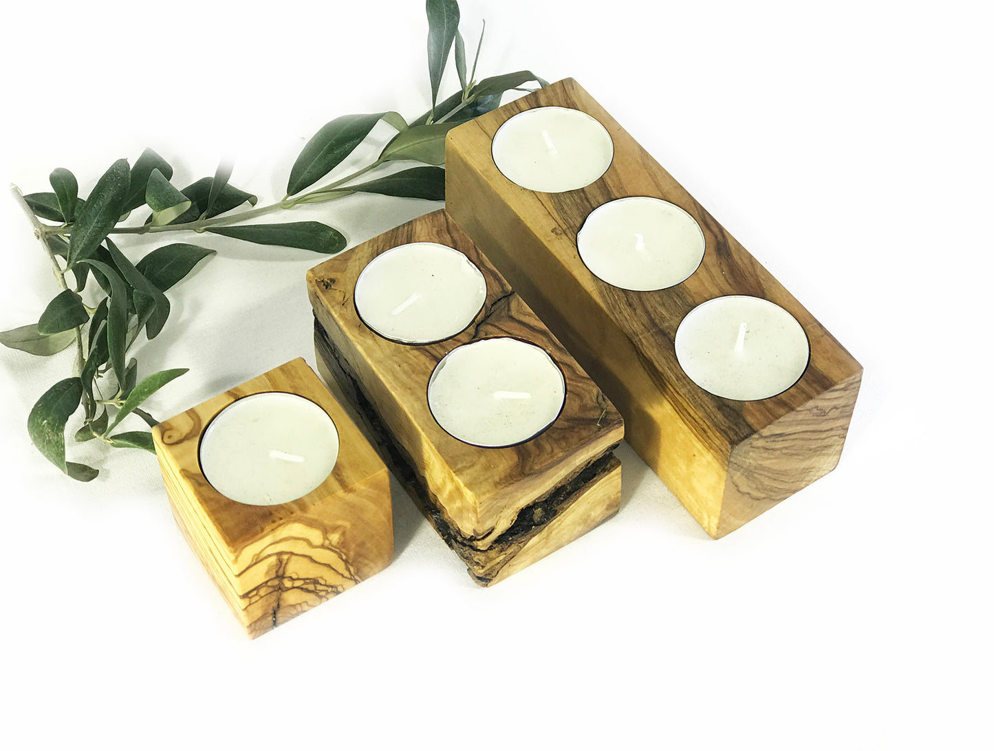 Wooden Cubic Candle Holders, Elegant Olive Wood Tealight Holders, Single - Double - Triple