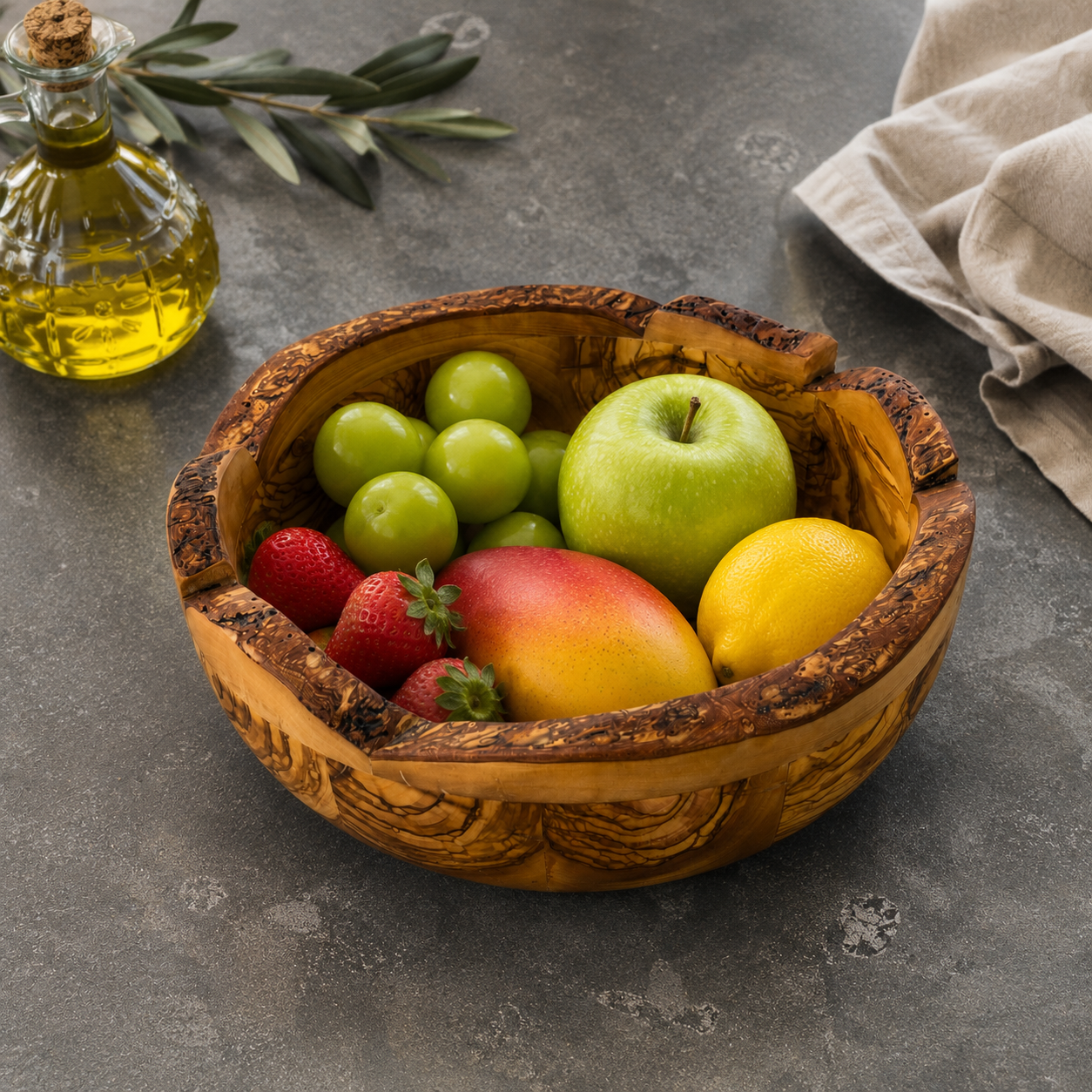 Aeneas Natural Form Olive Wood Bowl – Handcrafted Rustic Serving Bowl – Mediterranean Kitchen Decor – Unique Olive Wood Centerpiece