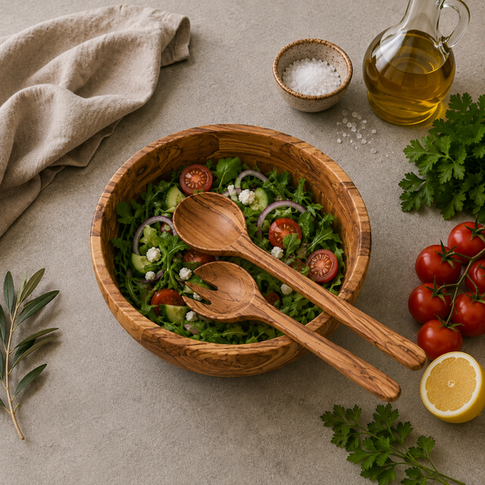 Handmade Olive Wood Salad Bowl - 11 Inches with servers, Unique Gift, Handcrafted Olive Wood Bowl, Large Olive Wood Serving Bowl