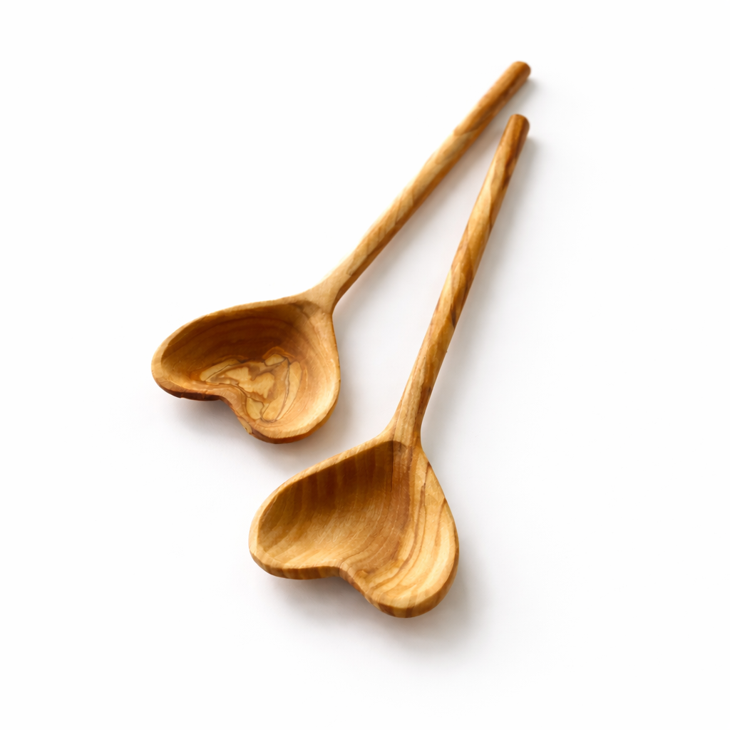 Kişiselleştirilebilir Kalp Formlu Zeytin Ağacı Tabak & Kaşık Seti