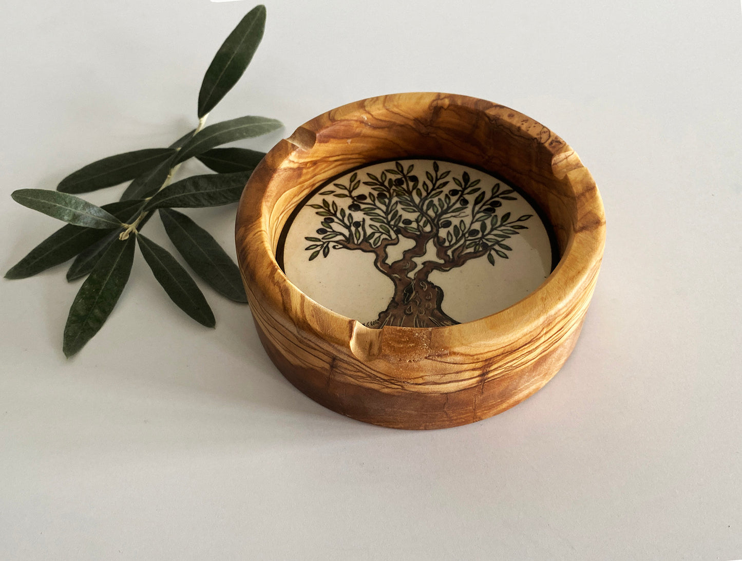 Wooden Ashtray with Ceramic Underside, Stylish Olive Wood Ashtray