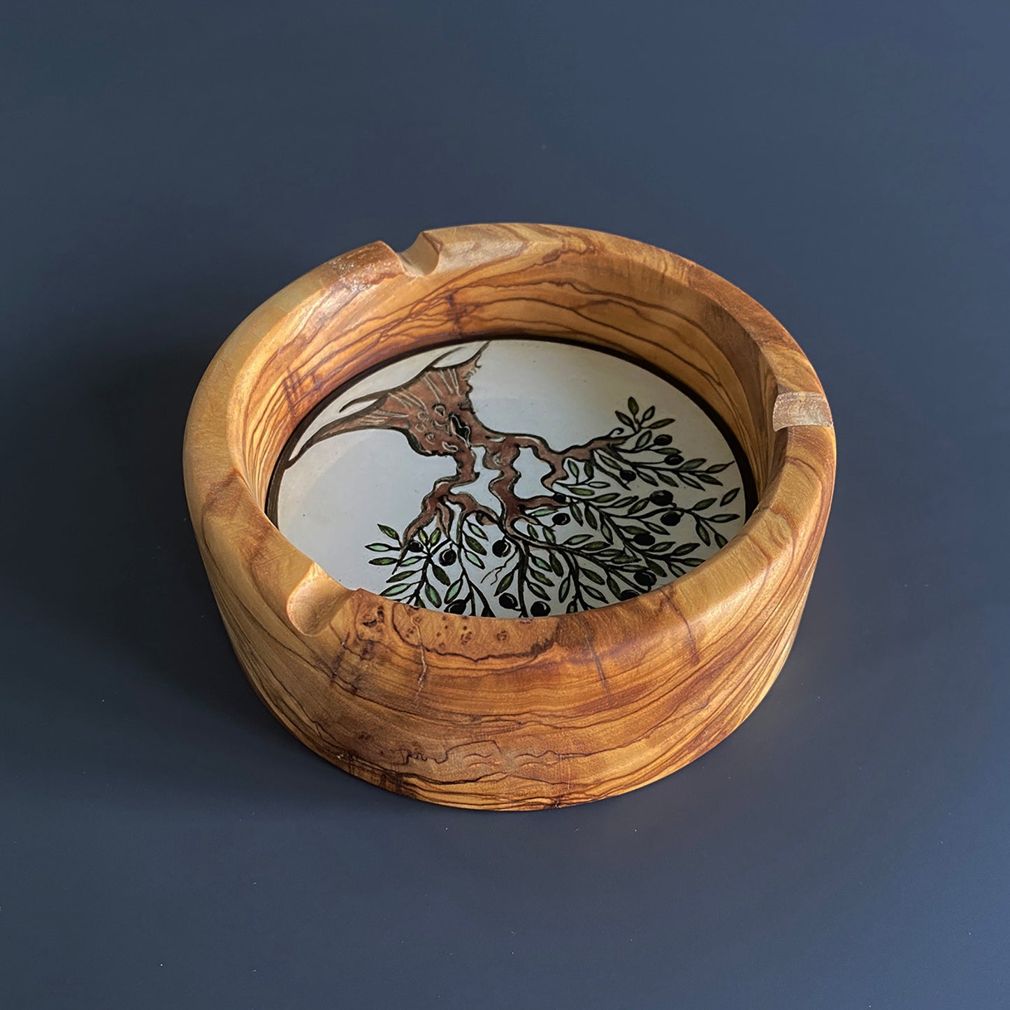 Wooden Ashtray with Ceramic Underside, Stylish Olive Wood Ashtray