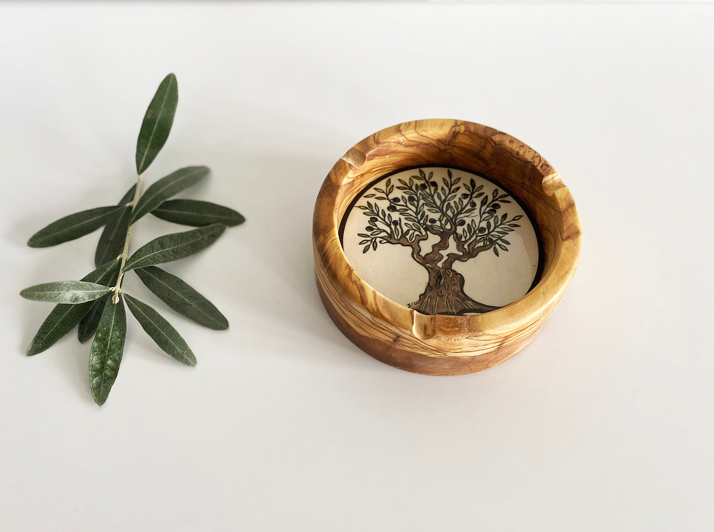 Wooden Ashtray with Ceramic Underside, Stylish Olive Wood Ashtray