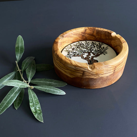 Wooden Ashtray with Ceramic Underside, Stylish Olive Wood Ashtray