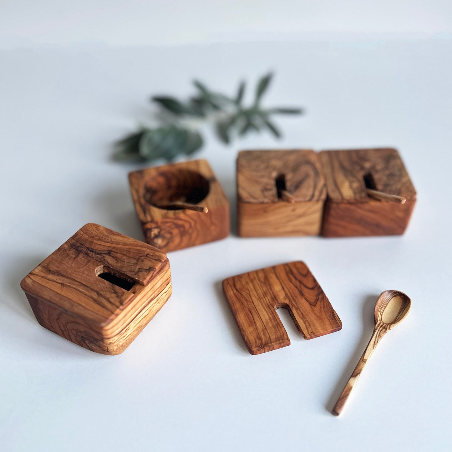 Olive Wood Spice Rack, Functional Box Set For Your Kitchen, Salt Pepper Spicery Containers with spoon