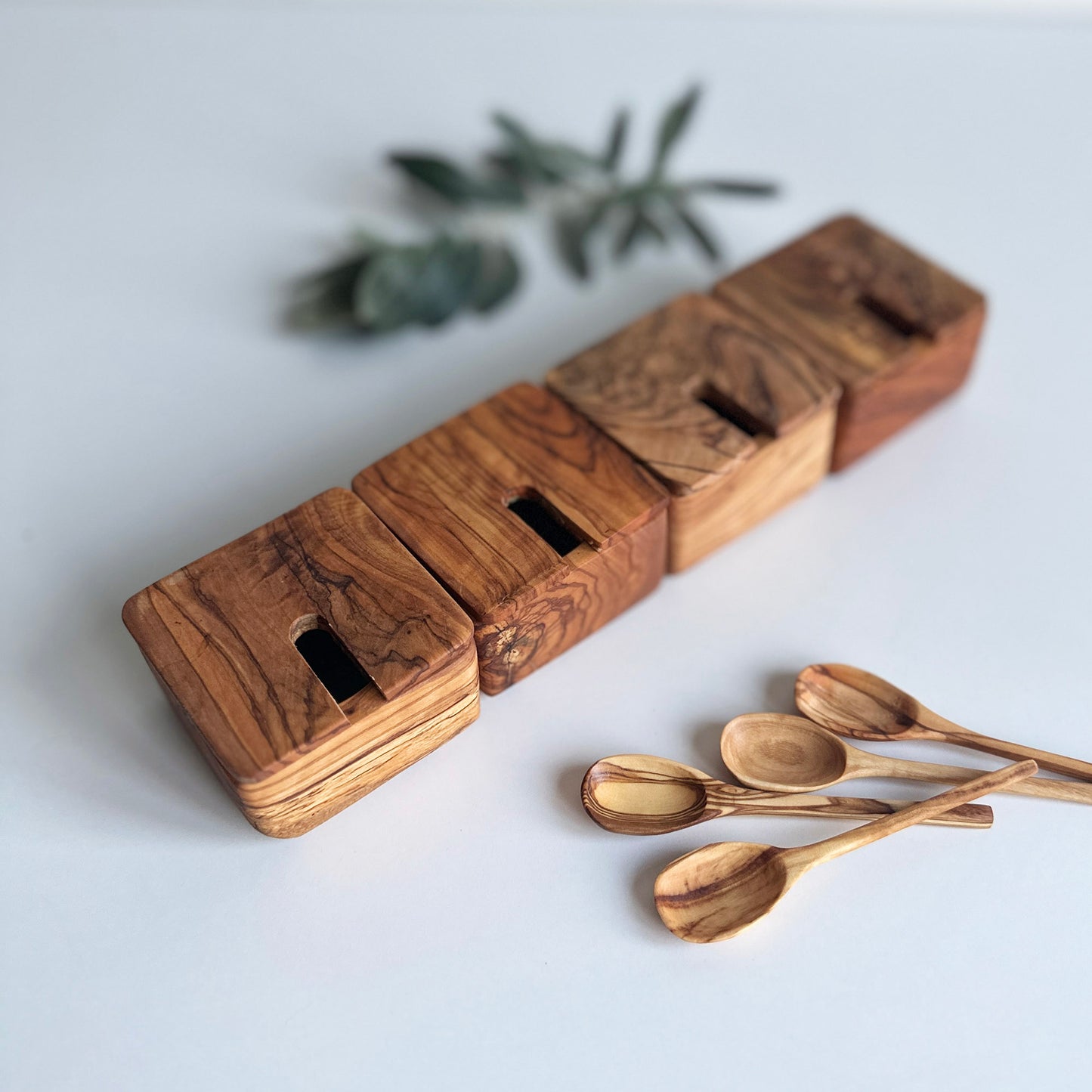 Olive Wood Spice Rack, Functional Box Set For Your Kitchen, Salt Pepper Spicery Containers with spoon