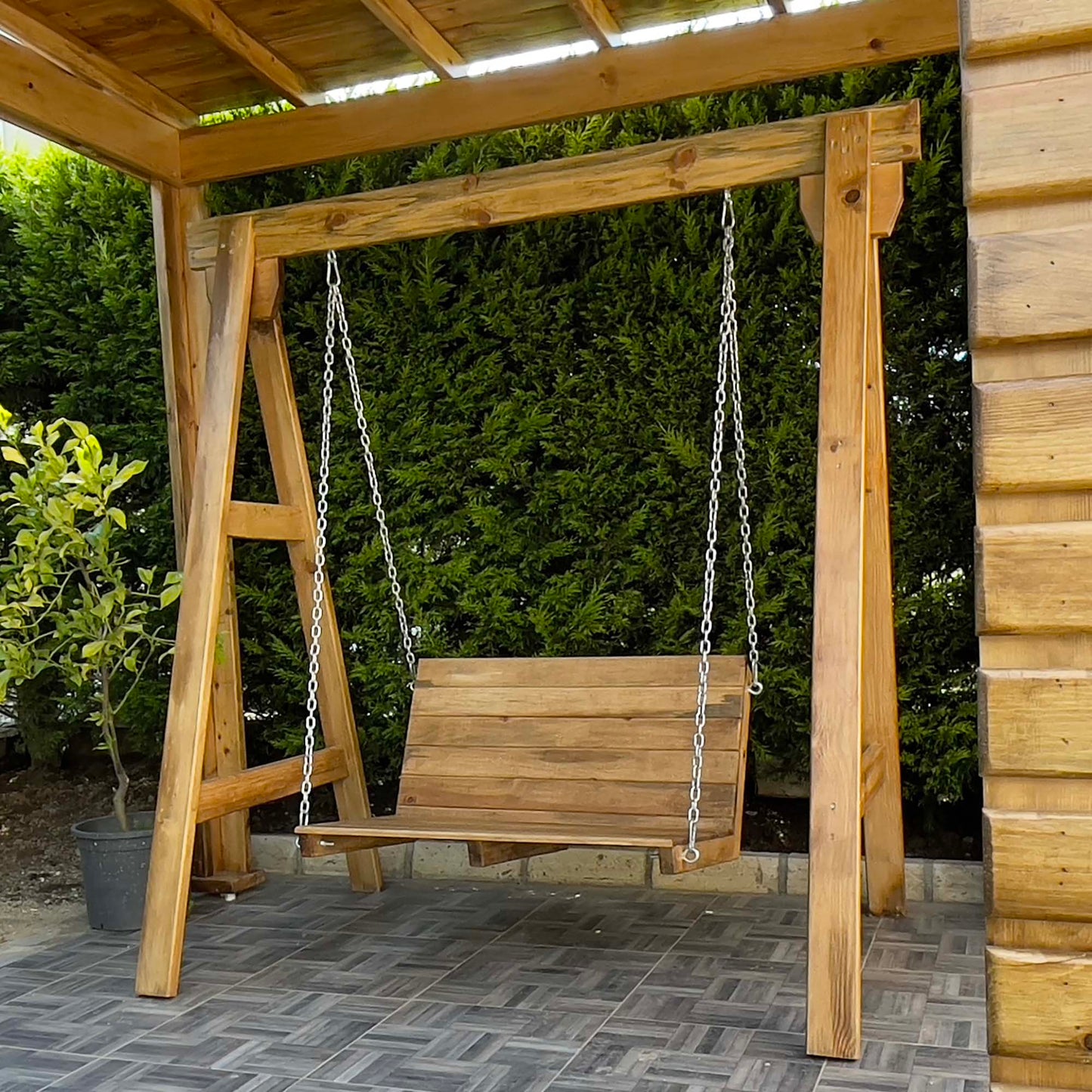 Olive Wood Double Swing, Comfortable and Stylish Swing For Your Garden and Terrace