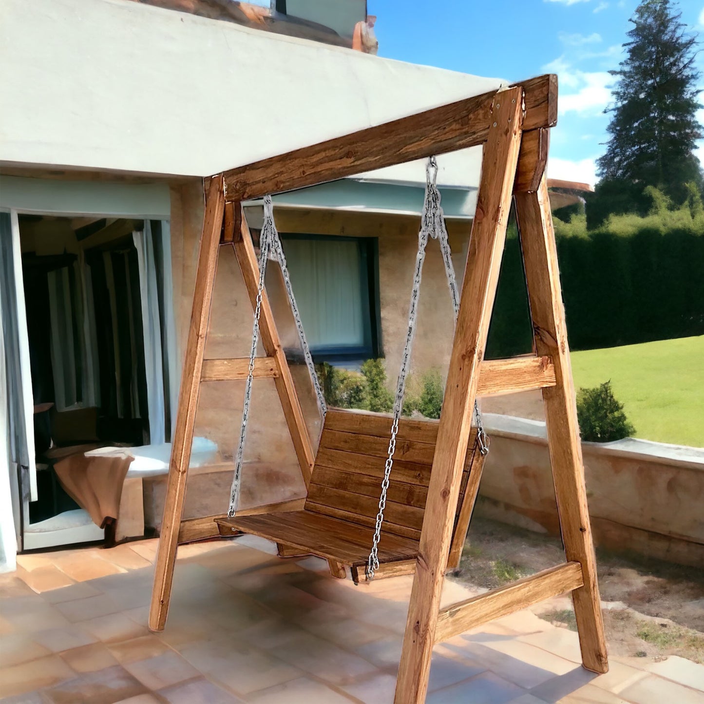 Olive Wood Double Swing, Comfortable and Stylish Swing For Your Garden and Terrace