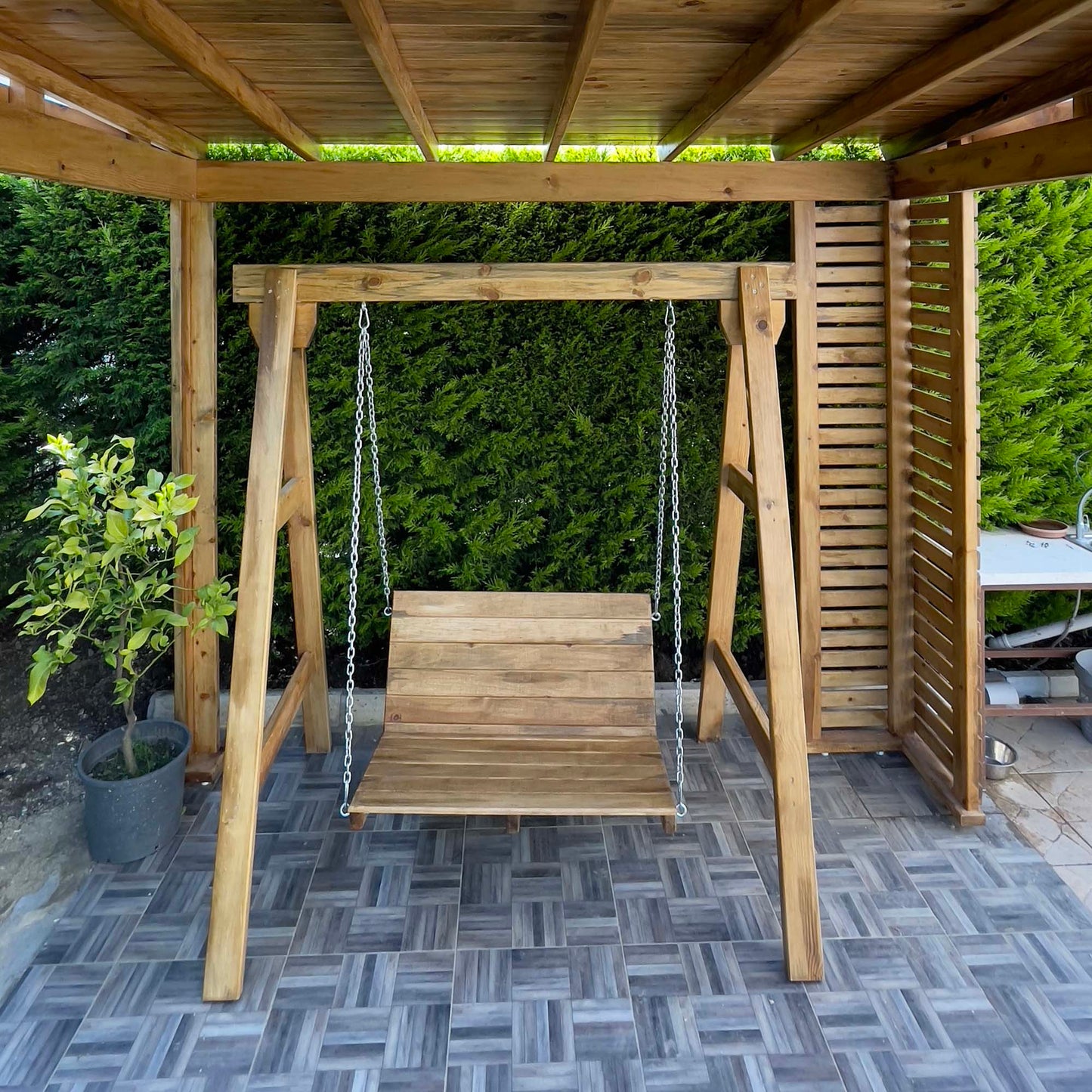 Olive Wood Double Swing, Comfortable and Stylish Swing For Your Garden and Terrace