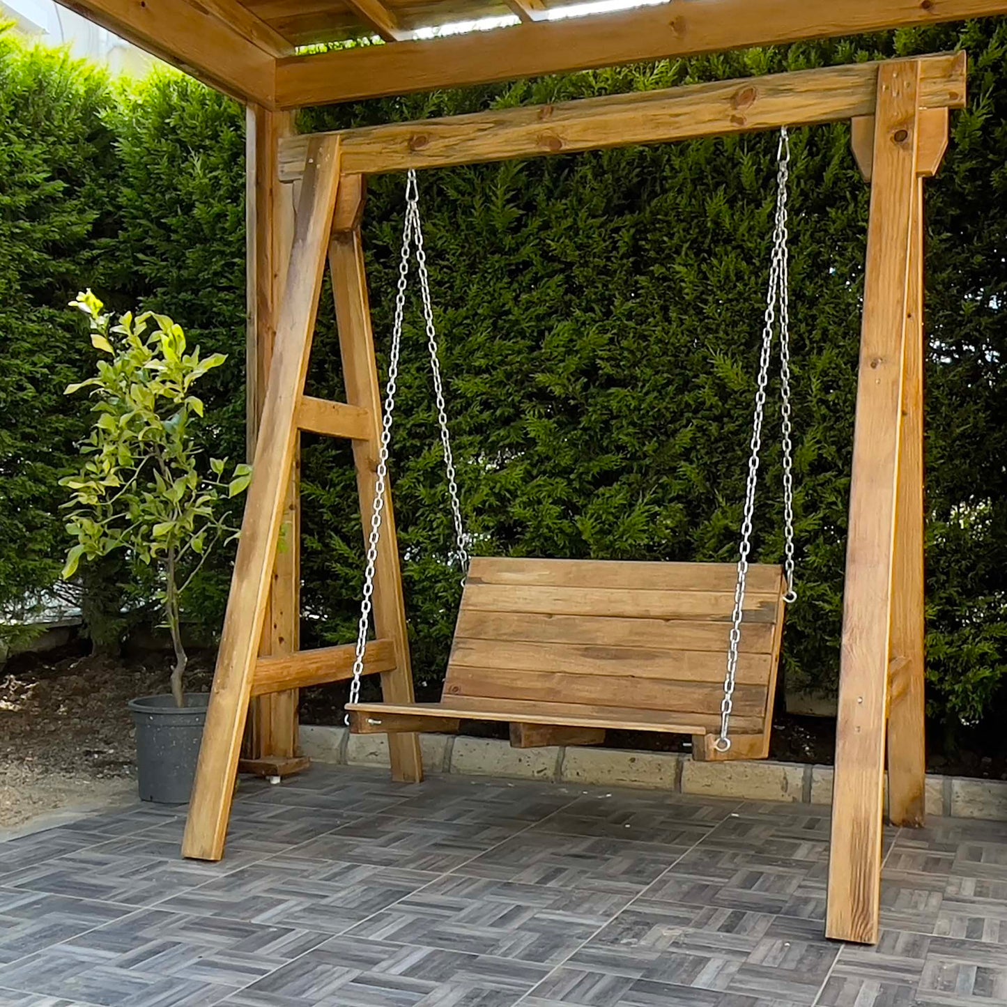 Olive Wood Double Swing, Comfortable and Stylish Swing For Your Garden and Terrace