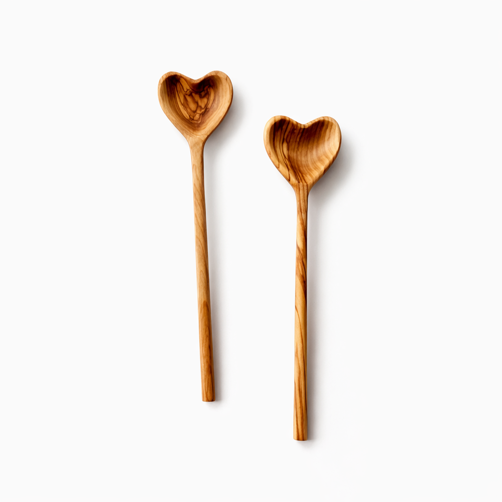 Kişiselleştirilebilir Kalp Formlu Zeytin Ağacı Tabak & Kaşık Seti