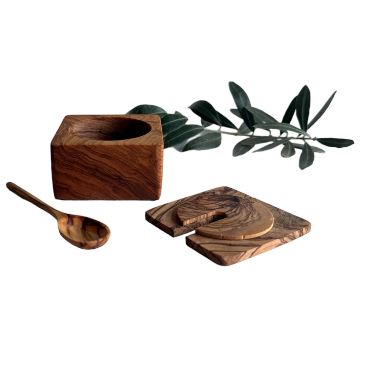 Olive Wood Spice Rack, Functional Box Set For Your Kitchen, Salt Pepper Spicery Containers with spoon