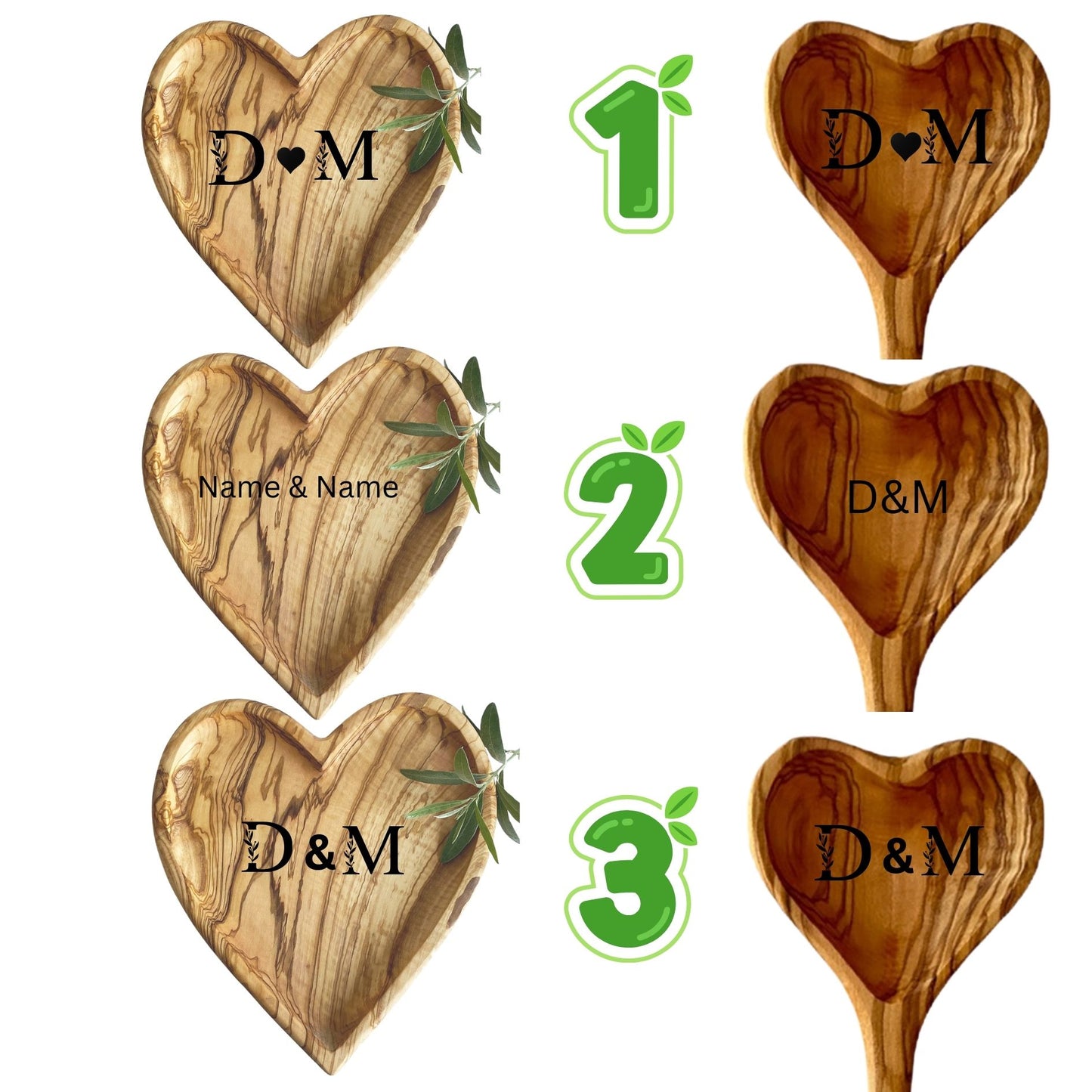 Kişiselleştirilebilir Kalp Formlu Zeytin Ağacı Tabak & Kaşık Seti