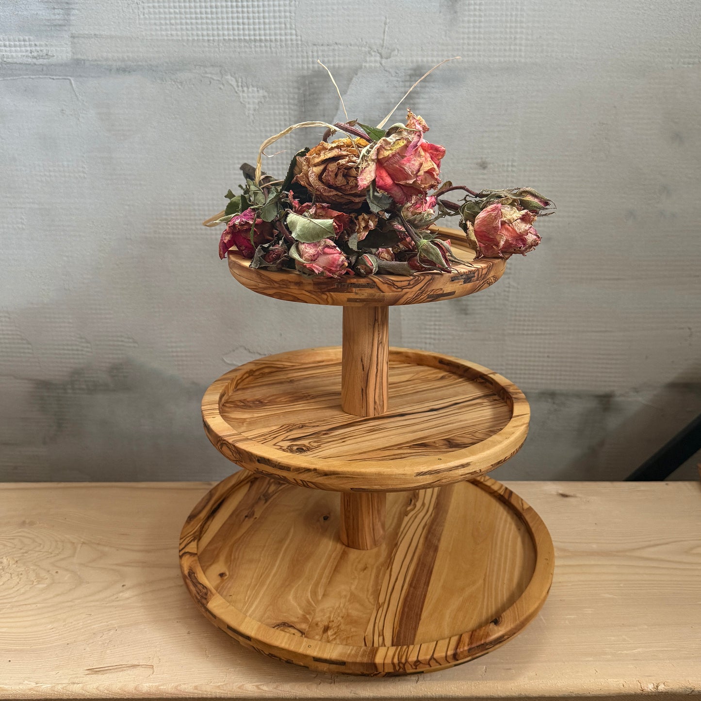 Handmade 3-Tier Olive Wood Serving Stand | Modular Dessert Tower, Cupcake & Snack Display | Natural Olive Wood Tray | Removable Shelves | Rustic Home & Wedding Decor