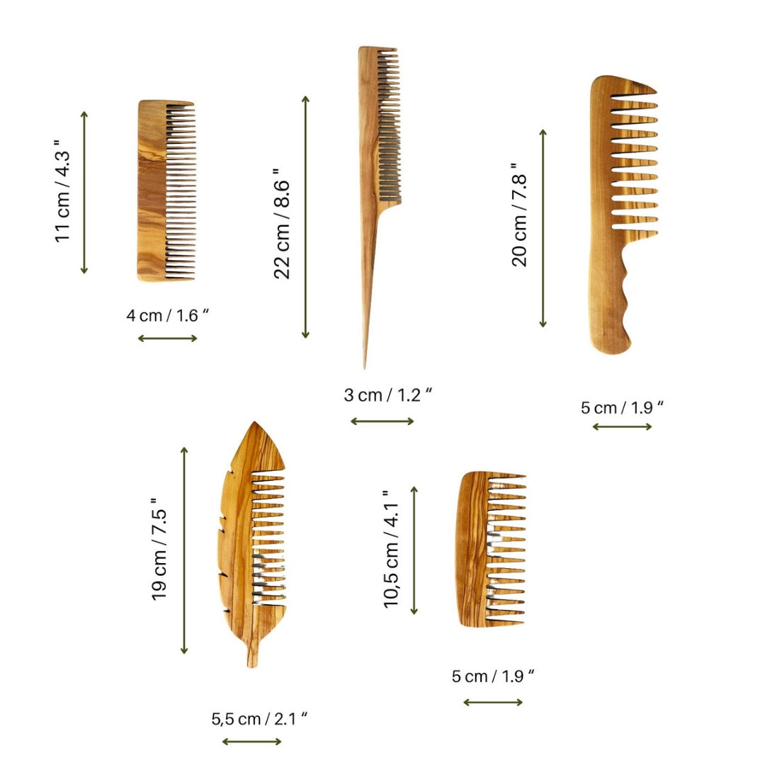 Olive Wood Beauty Comb Set of 5, Wooden Wide Tine Combs, Wooden Close Tine Combs, Authentic Comb Set