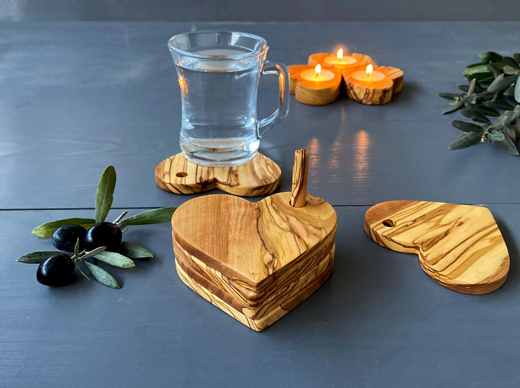 Olive Wood Heart Shape Coaster Set, Olive Wood Coasters