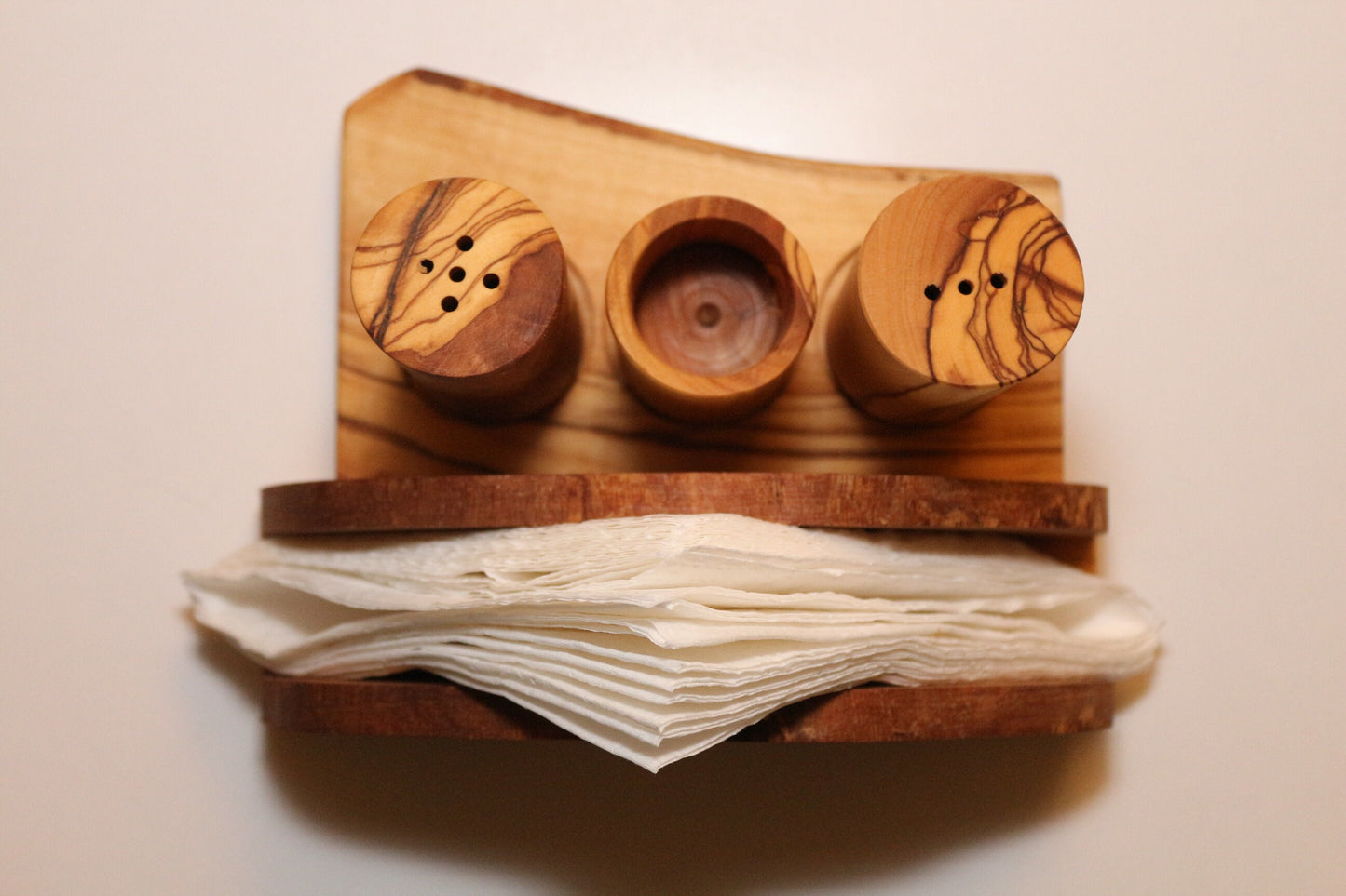 Olive Wood Salt and Pepper Shaker with Napkin Holder, Authentic Wooden Table Set, Natural Wooden Salt shaker, Wooden salt and pepper shaker