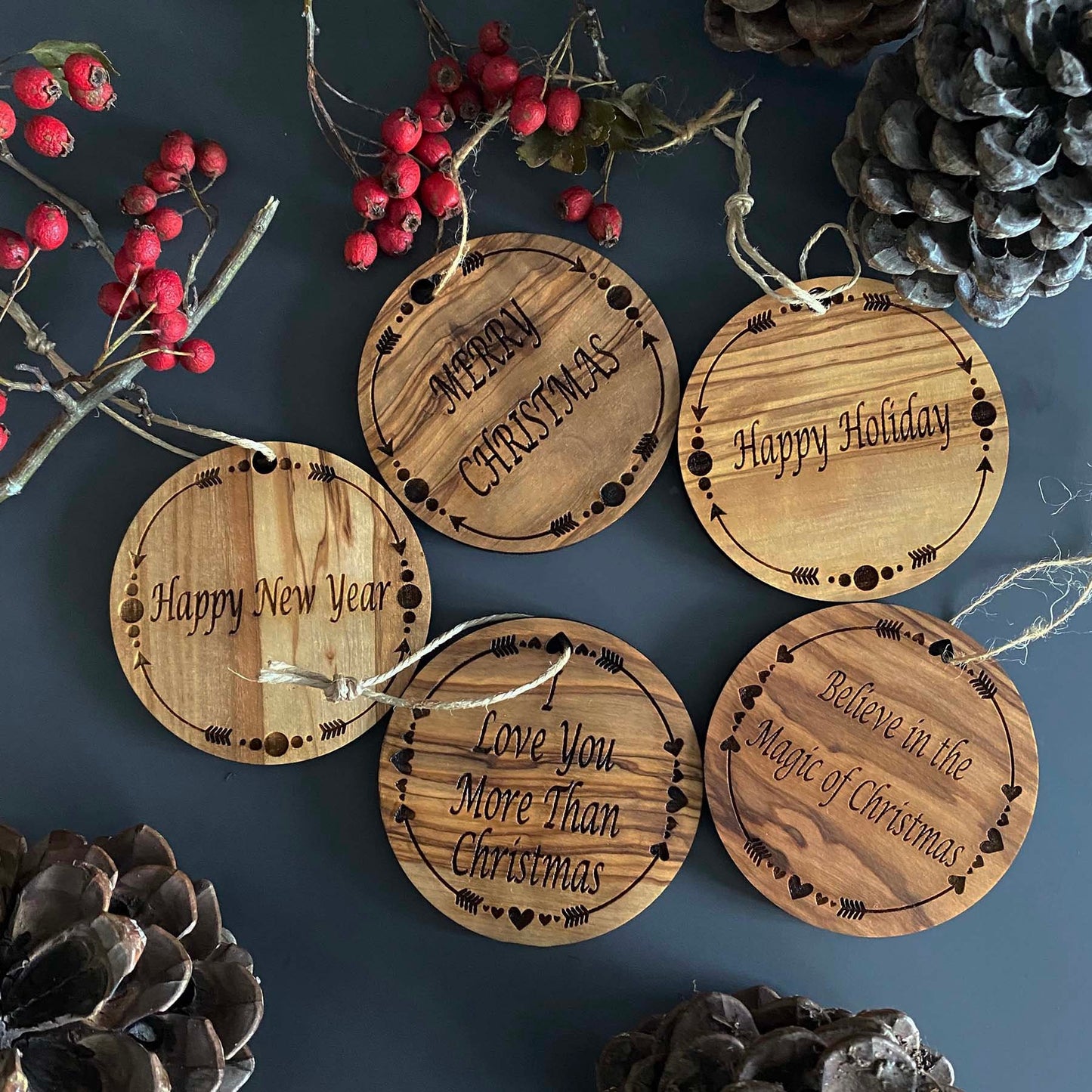 Olive Wood Christmas Ornaments, Wooden Engraved Ornaments Set, Olive Wood Christmas Favors