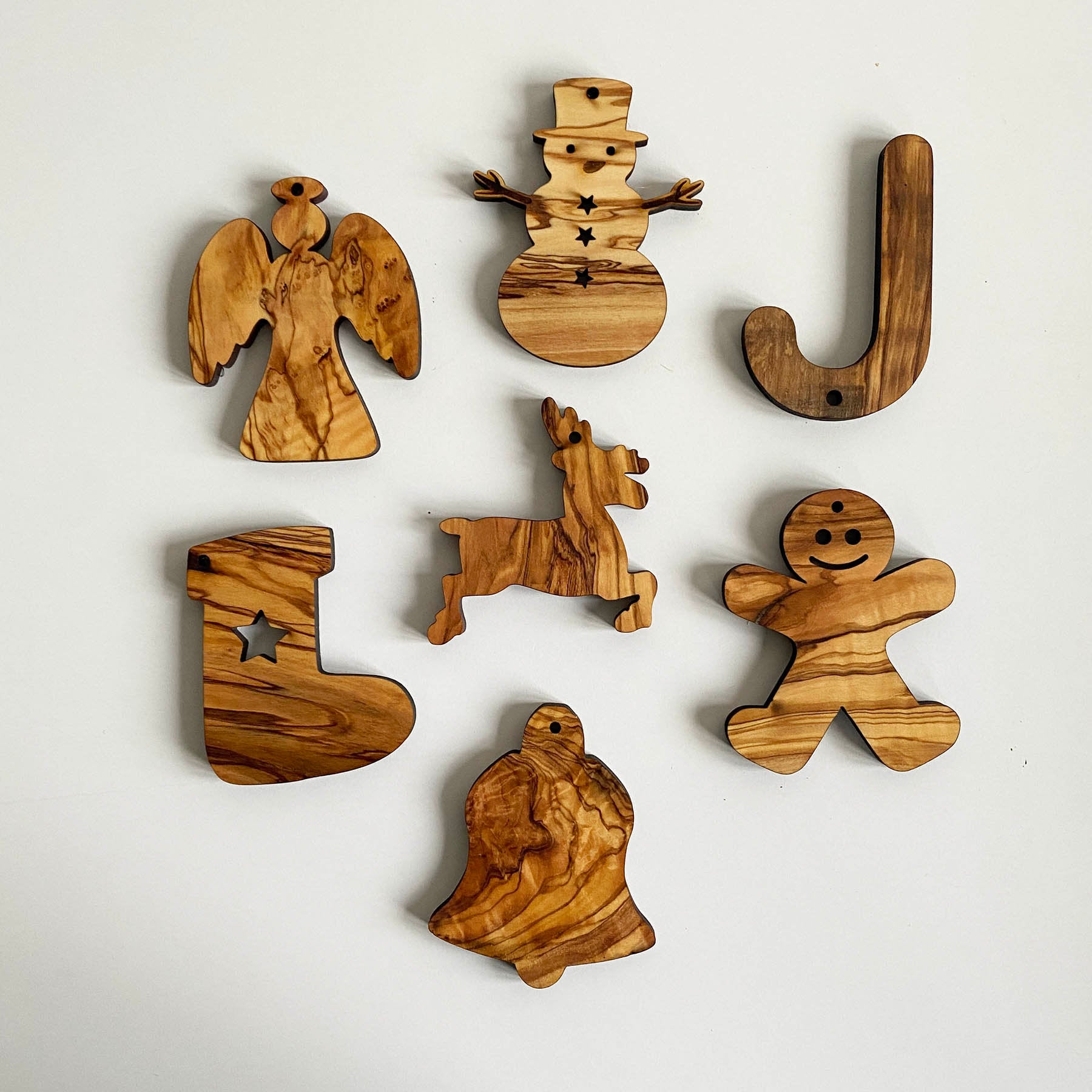 Olive Wood Christmas Ornaments, Wooden Engraved Figure Ornaments Set, Olive Wood Unique Figures Christmas Favors Bundle