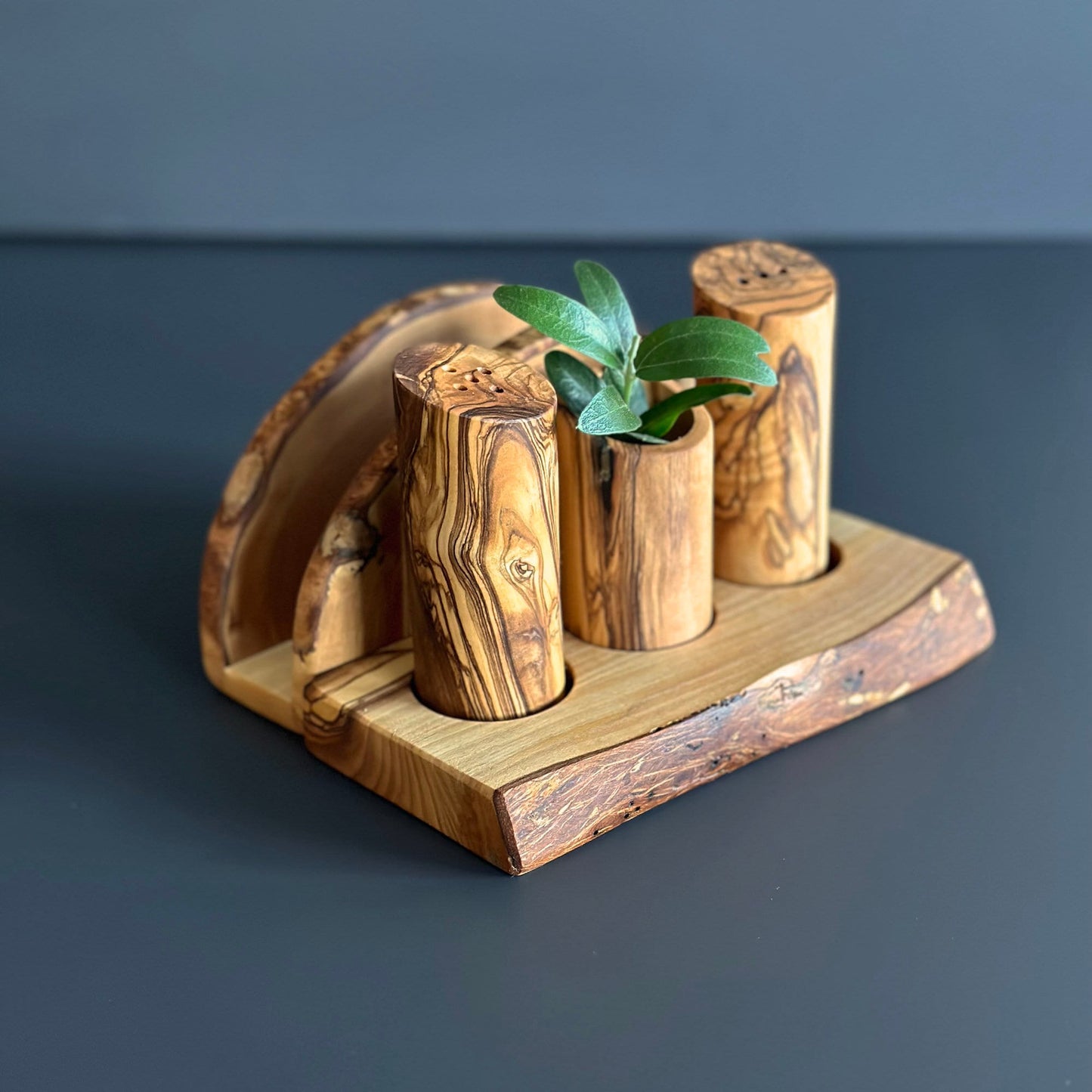 Olive Wood Salt and Pepper Shaker with Napkin Holder, Authentic Wooden Table Set, Natural Wooden Salt shaker, Wooden salt and pepper shaker