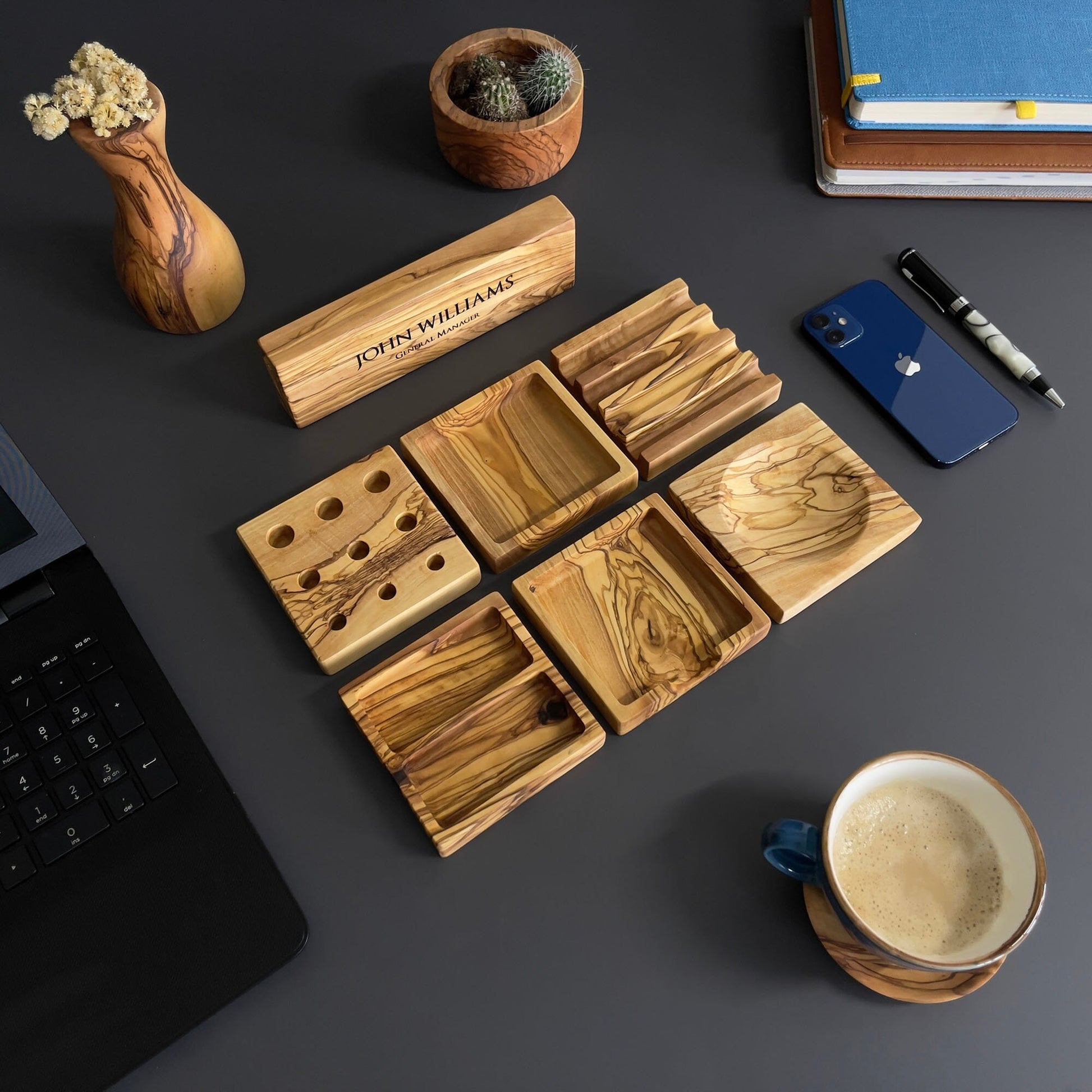 Handmade Olive Wood Desktop Set - Personalized 7-piece desktop set -Valentine's Day Gift For Him