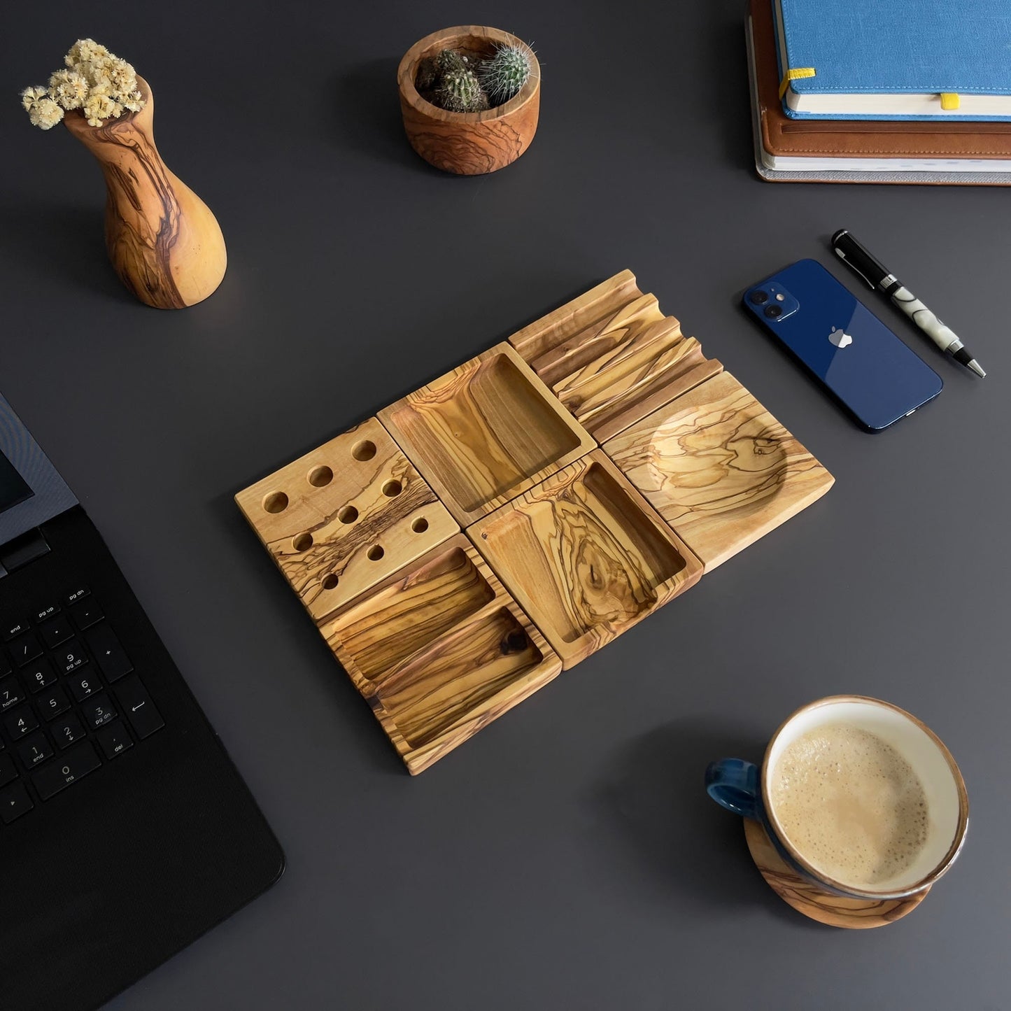 Handmade Olive Wood Desktop Set - 6 Piece Desktop Set - Wooden Desk Organizer - Office Supplies - Desk Decor - Wood Desk Accessories