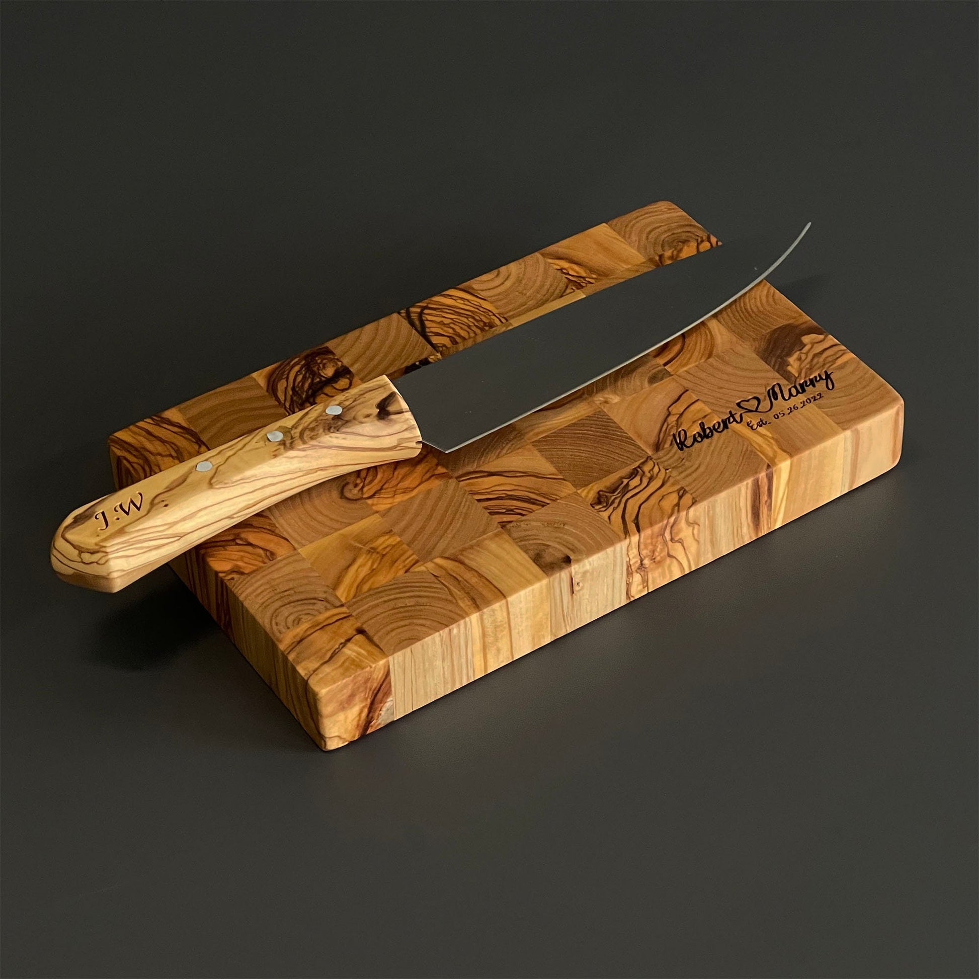 Handmade Olive Wood Cutting Board and Chef's Knife Set, Personalized Olive Wood Kitchen Set