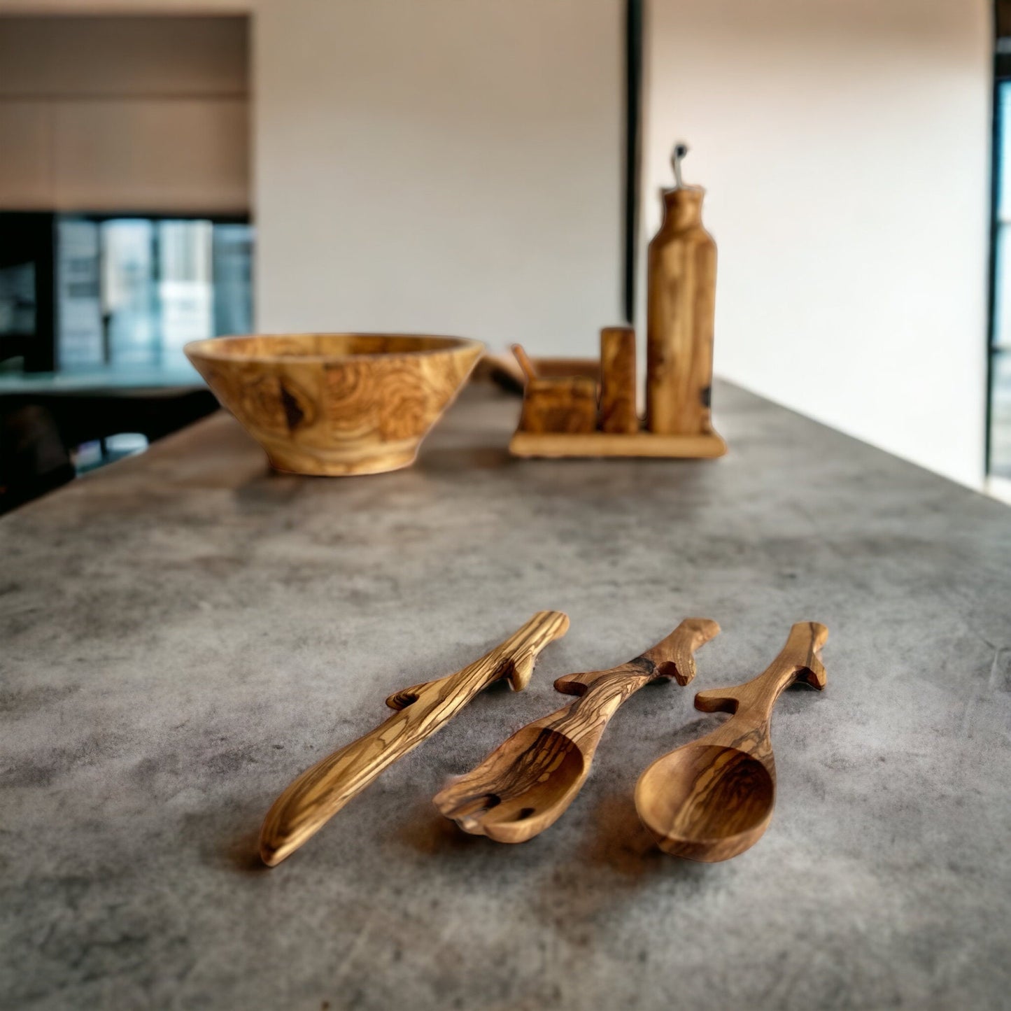 Olive Wood Cutlery Set, Wooden Stylized Spoon, Wooden Fork and Knife Set