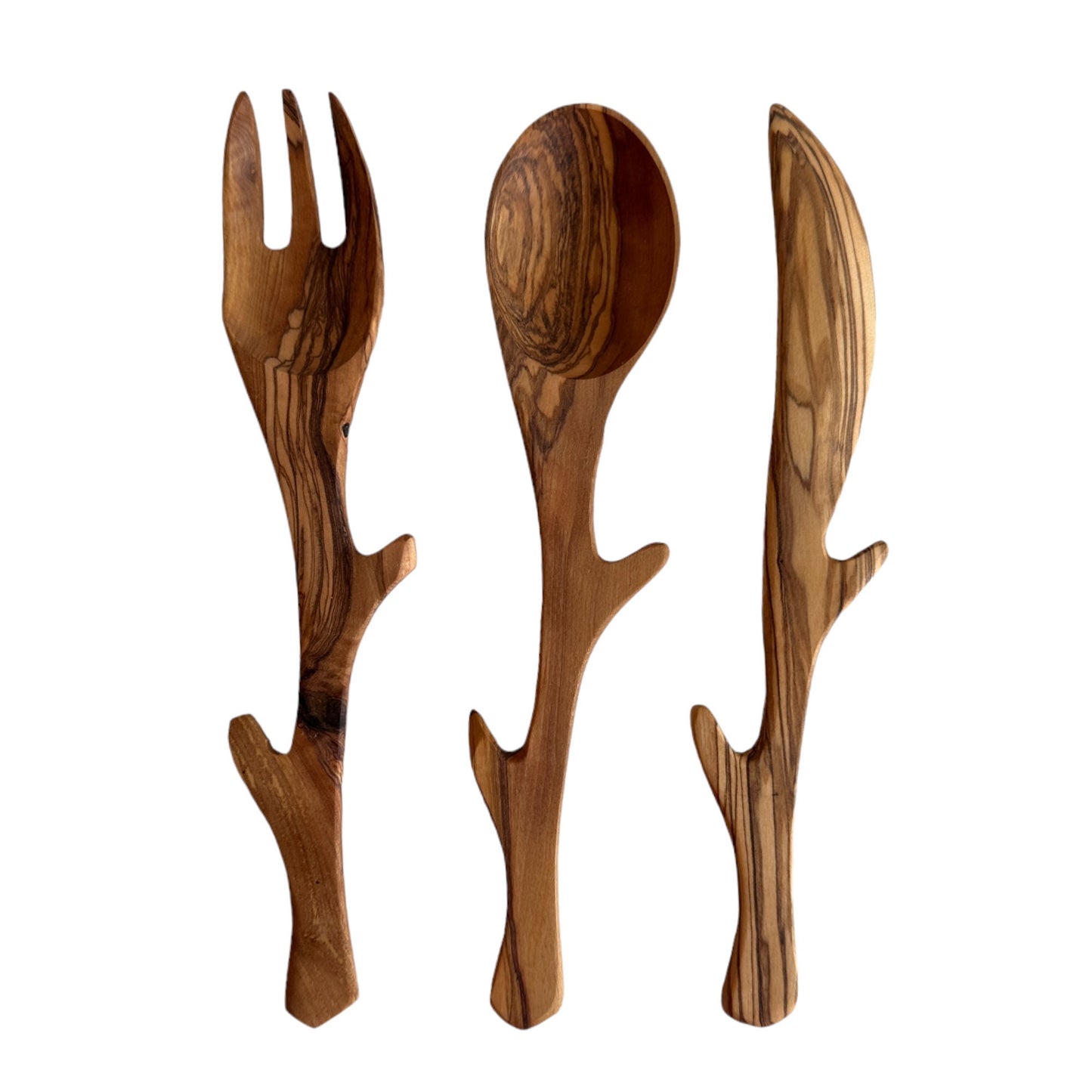 Olive Wood Cutlery Set, Wooden Stylized Spoon, Wooden Fork and Knife Set