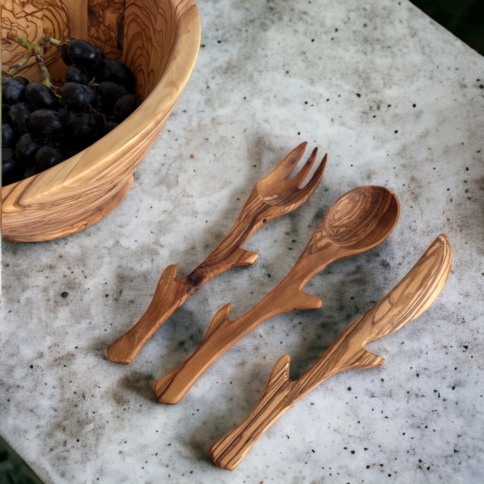 Olive Wood Cutlery Set, Wooden Stylized Spoon, Wooden Fork and Knife Set