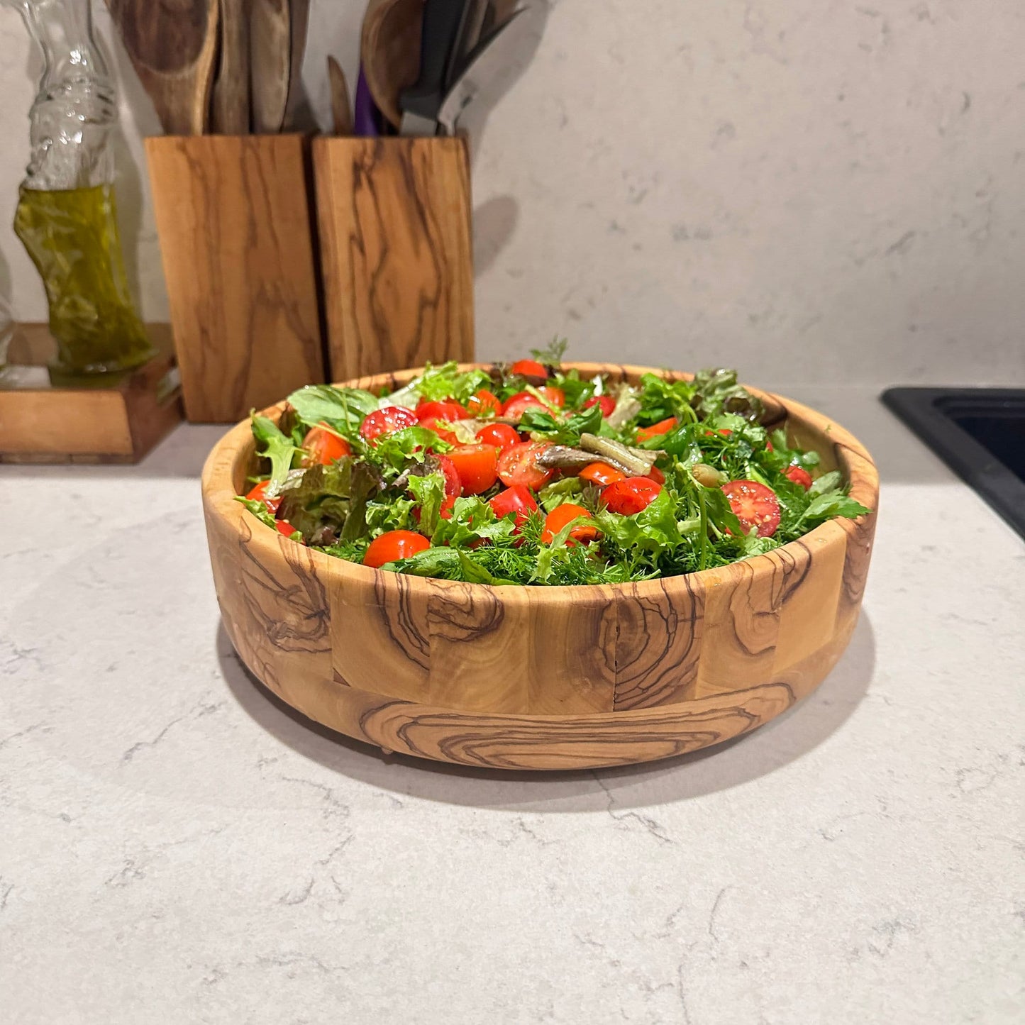 Handmade Olive Wood Salad Bowl - 11 Inches with servers, Unique Gift, Handcrafted Olive Wood Bowl, Large Olive Wood Serving Bowl