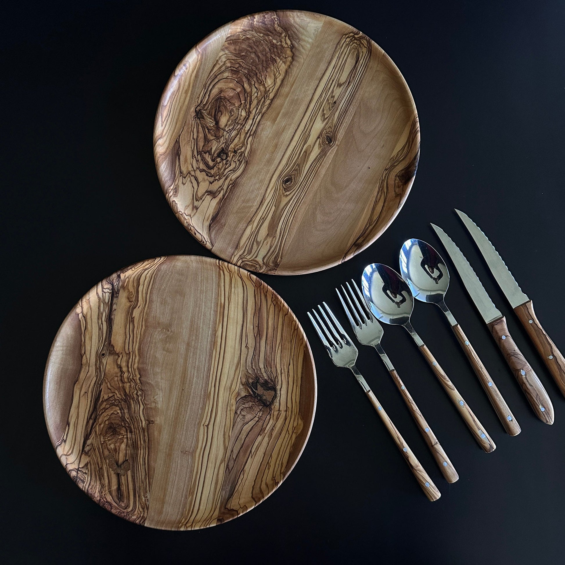 Handmade Olive Wood Dining Set - 2 Persons, Dinnerware Set , Dinner Set, Wood Set of Kitchen dishes for two, Tableware Sets