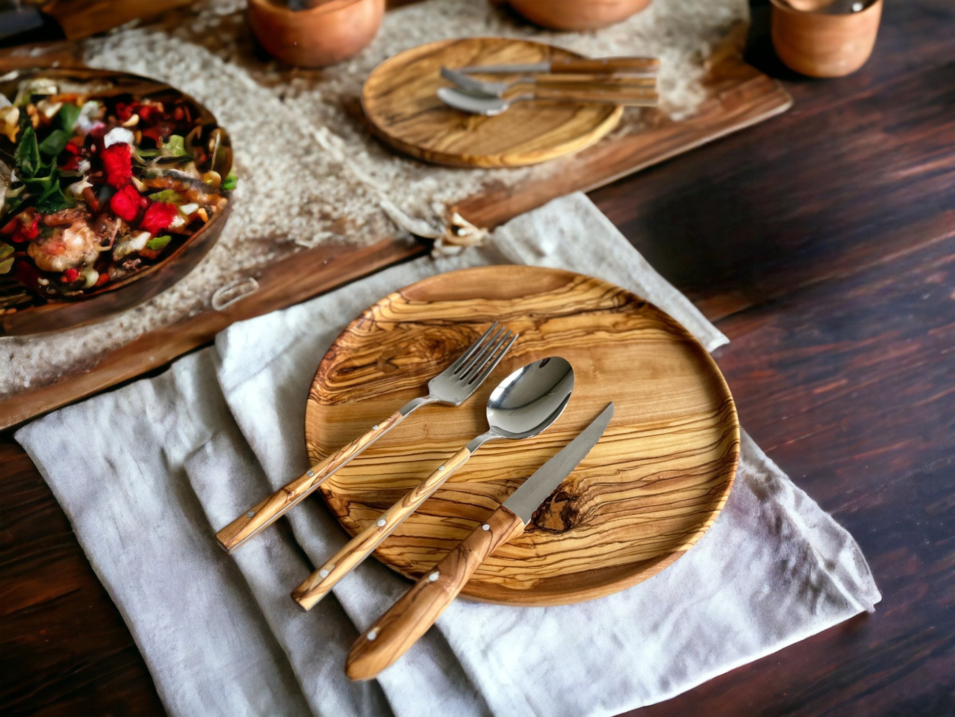 Handmade Olive Wood Dining Set - 2 Persons, Dinnerware Set , Dinner Set, Wood Set of Kitchen dishes for two, Tableware Sets