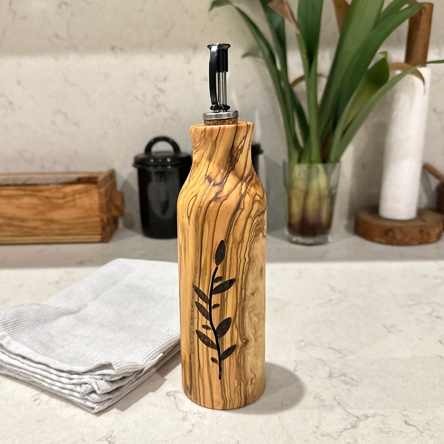 Handcrafted Olive Wood Oil and Vinegar Bottle - Elegant and Functional Kitchen Decor