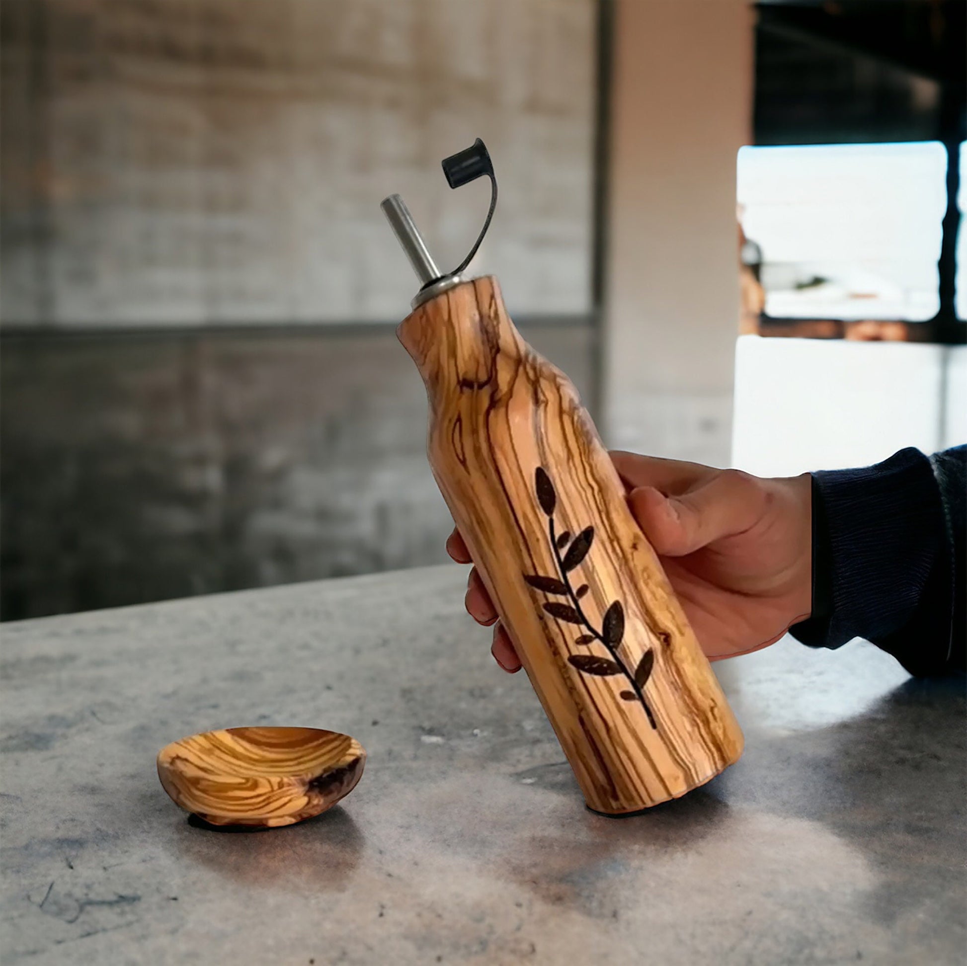 Handcrafted Olive Wood Oil and Vinegar Bottle - Elegant and Functional Kitchen Decor