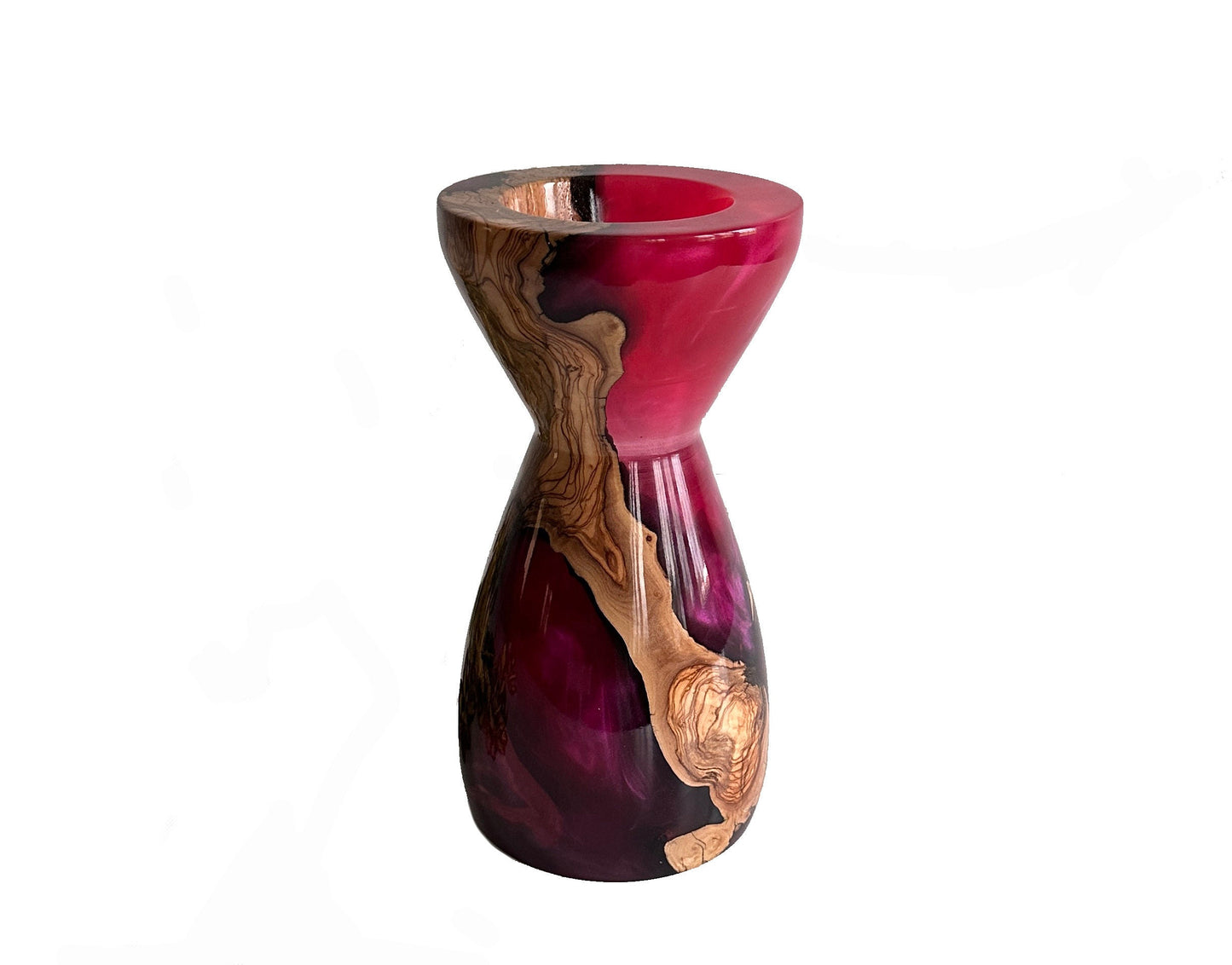 Handmade Epoxy Resin and Olive Wood Vase - Fuchsia Black and Natural Colors - 28 cm Height - Perfect Gift for Office and Home Decor"