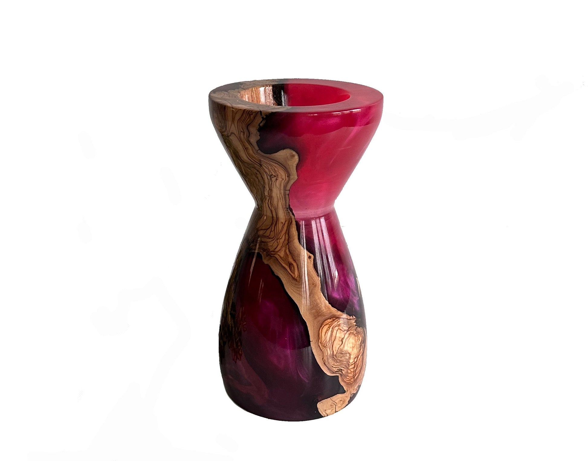 Handmade Epoxy Resin and Olive Wood Vase - Fuchsia Black and Natural Colors - 28 cm Height - Perfect Gift for Office and Home Decor"