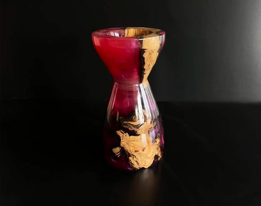 Handmade Epoxy Resin and Olive Wood Vase - Fuchsia Black and Natural Colors - 28 cm Height - Perfect Gift for Office and Home Decor"